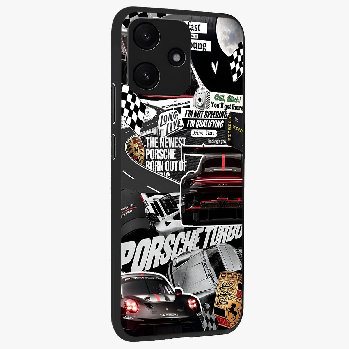 Porsche Racing Collage Glass Case upright view showcasing energetic car collage artwork with high speed racing theme.