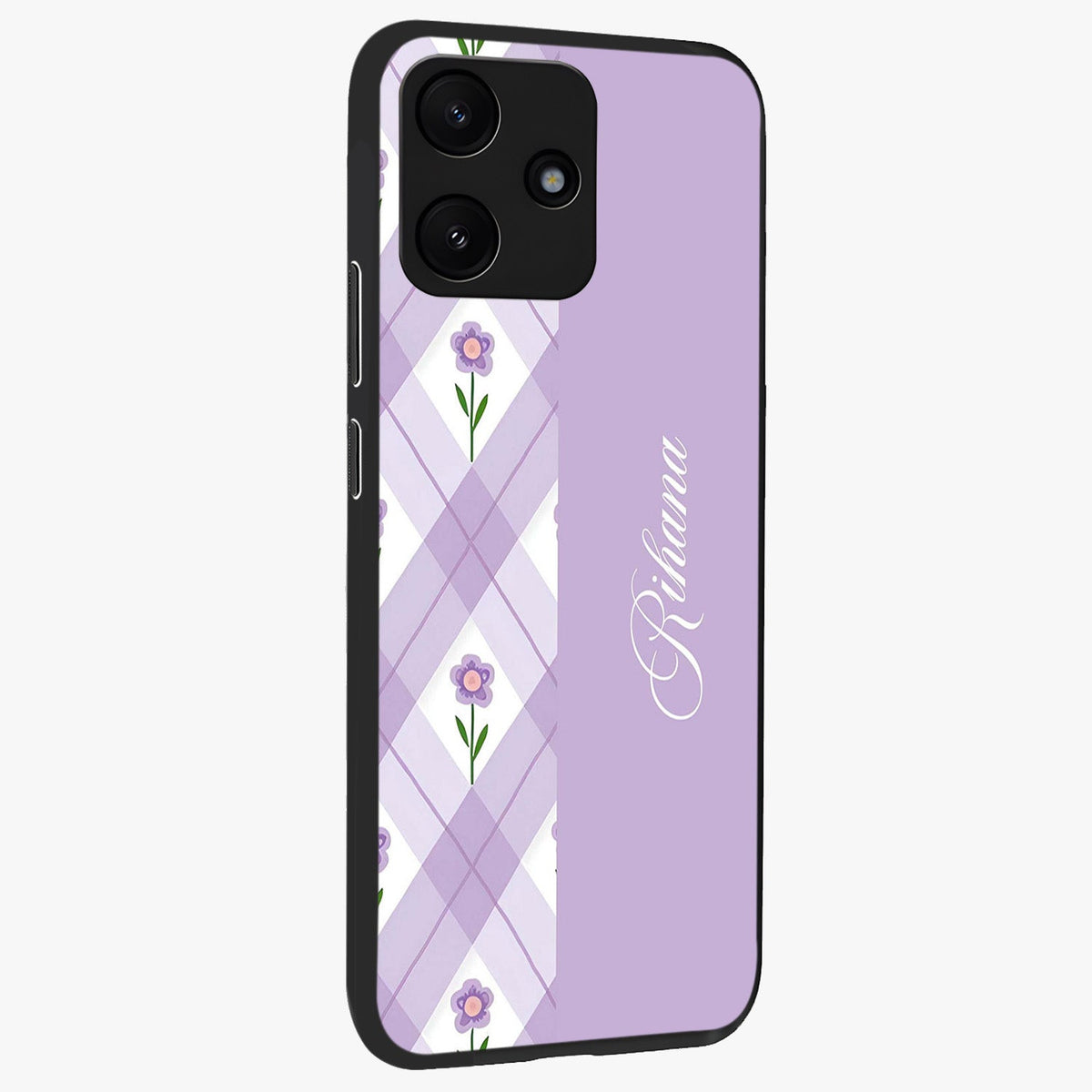 Purple Diamond Floral Glass Case upright view showcasing vibrant floral artwork with stylish geometric theme.