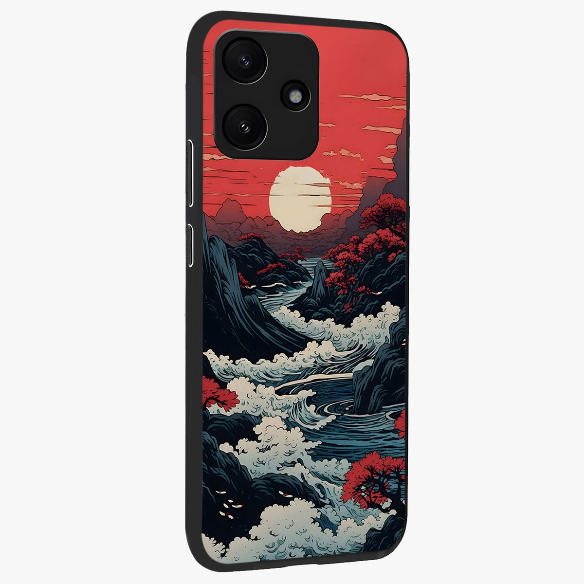 Red Sunset Scenery Glass Case upright view showcasing dramatic sunset scenery artwork with warm nature theme.