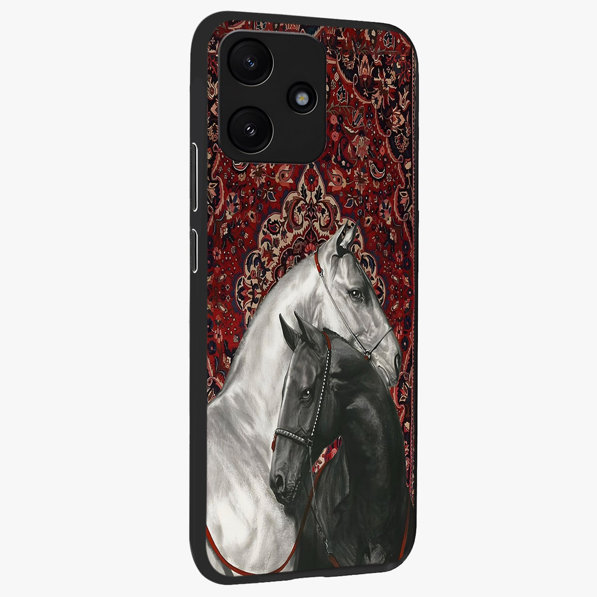 Regal Stallion Tapestry Glass Case upright view showcasing powerful horse artwork with elegant tapestry theme.