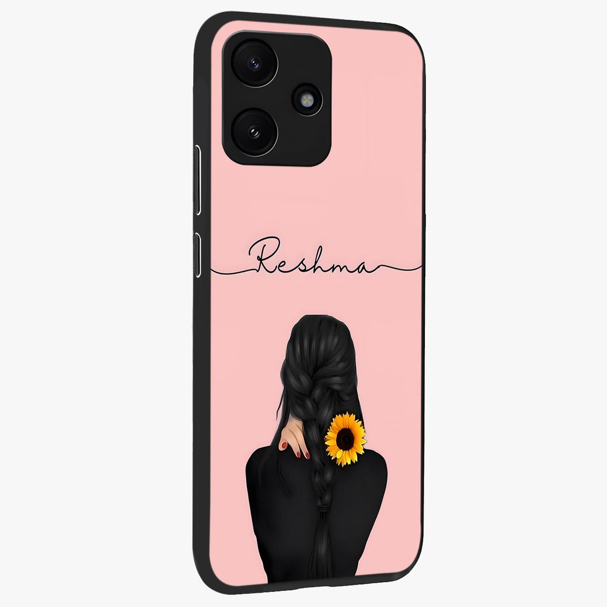 Sunflower Braid Beauty With Custom Name Glass Case upright view showcasing bright sunflower artwork with personalized floral aesthetic.