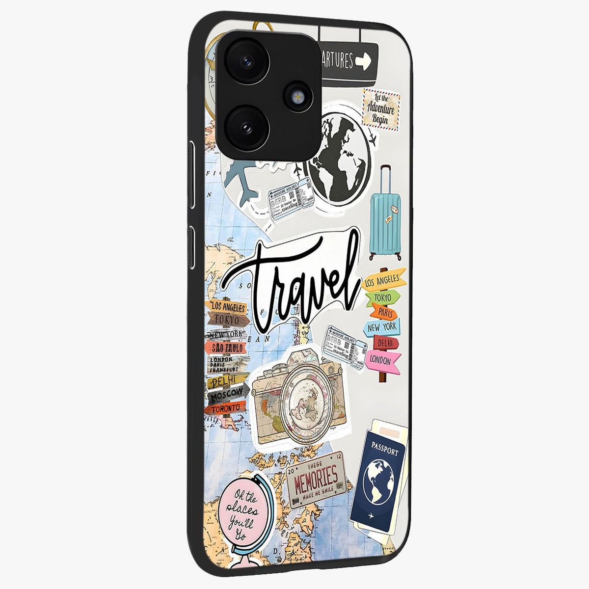 Wanderlust Journal Glass Case upright view showcasing wanderlust inspired artwork with creative exploration theme.