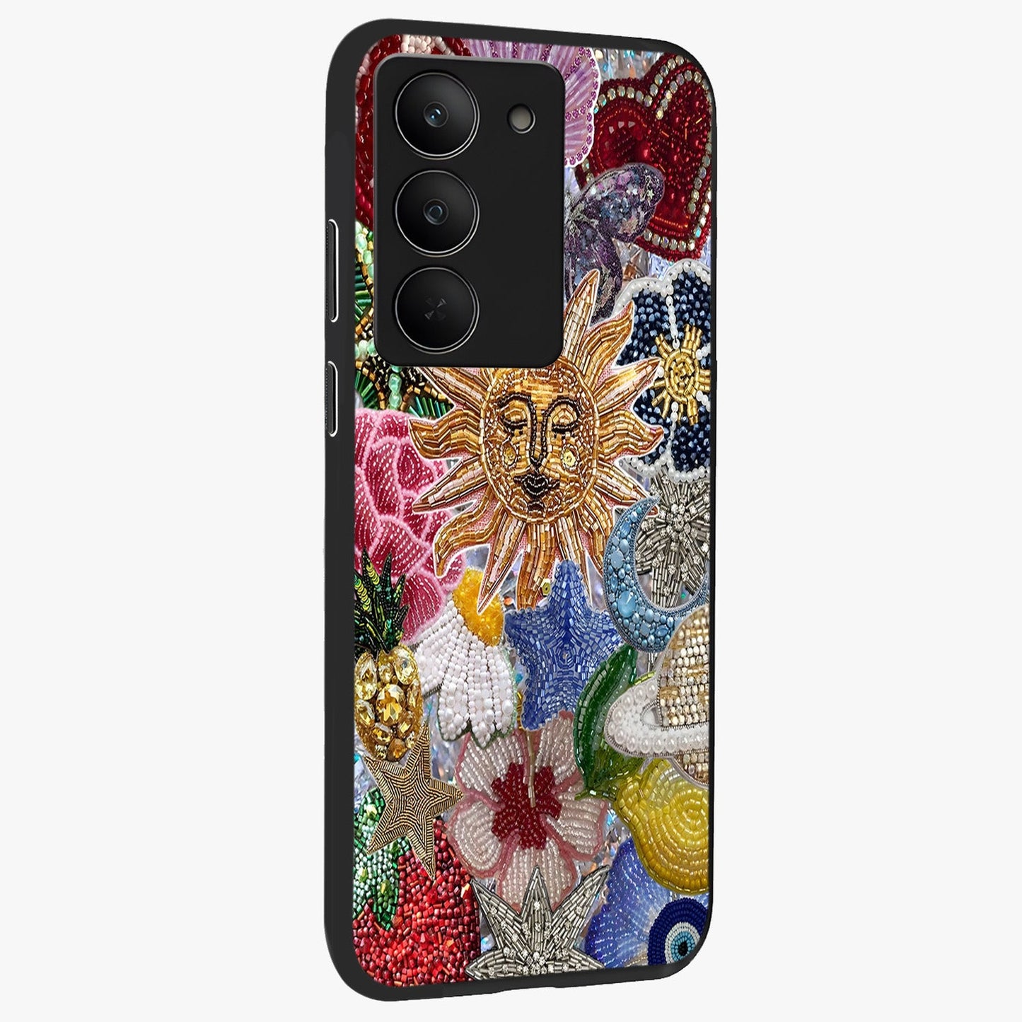 Celestial Floral and Playful Glass Case upright view showcasing whimsical floral artwork with cosmic aesthetic theme.