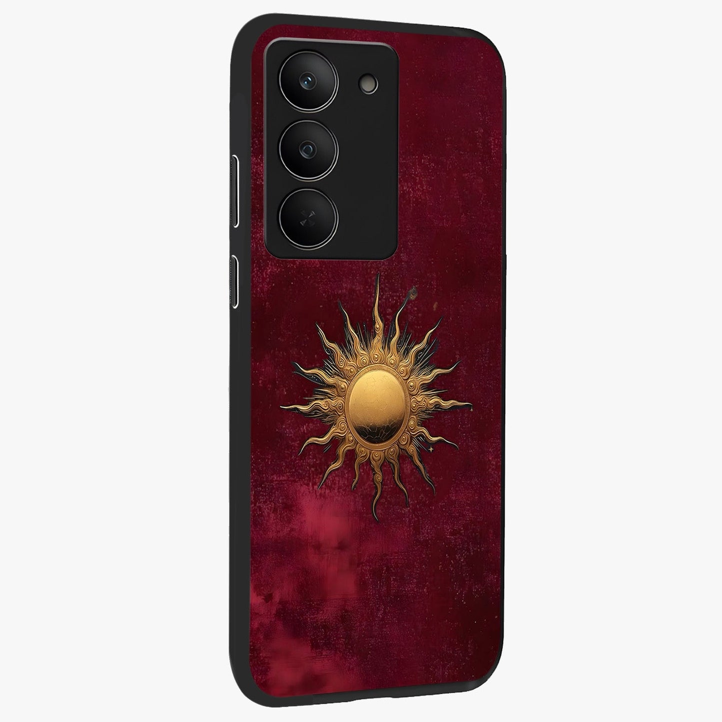 Golden Sun Minimalism Glass Case upright view showcasing simple golden sun artwork with elegant minimalist style.