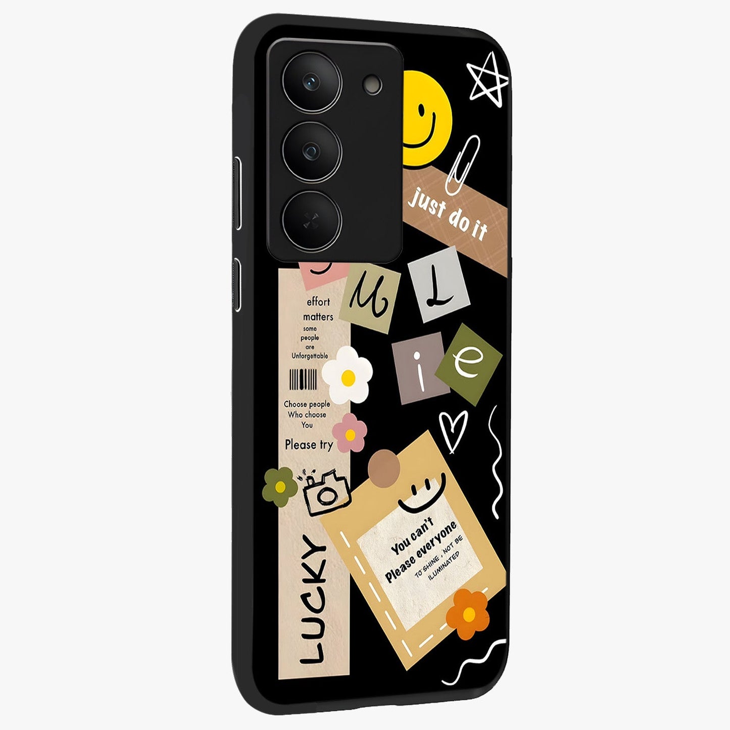 Lucky Aesthetic Collage Glass Case upright view showcasing vibrant collage artwork with youthful aesthetic theme.