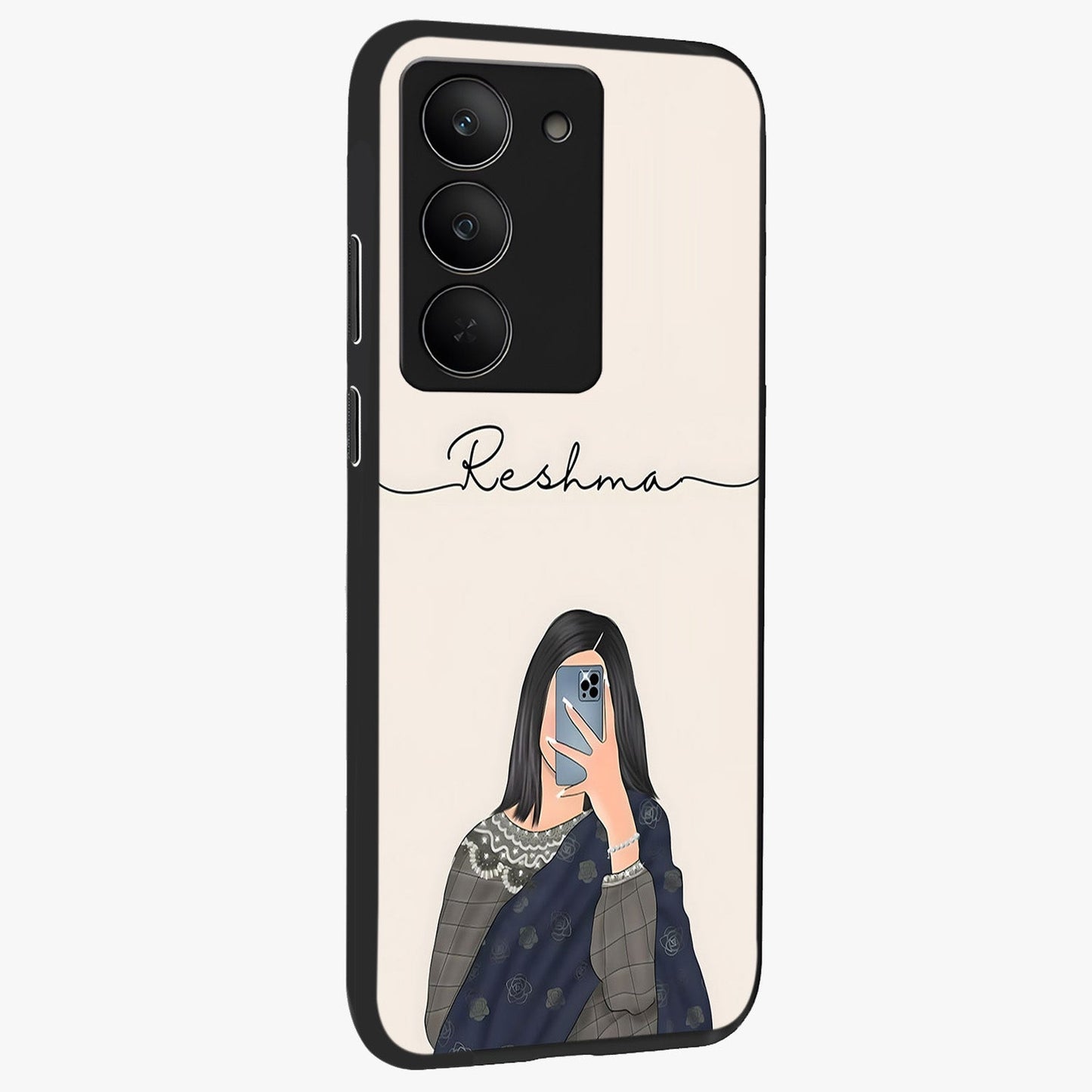 Mirror Mood Muse With Custom Name Glass Case upright view showcasing artistic mirror themed artwork with personalized aesthetic.