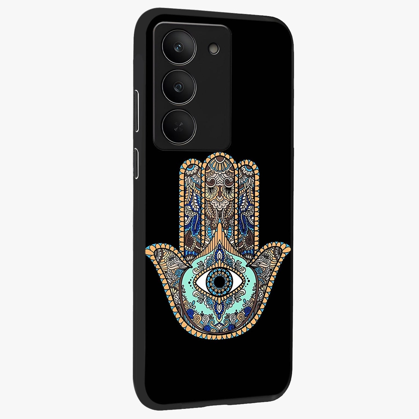 Mystic Hamsa Eye Glass Case upright view showcasing detailed hamsa eye artwork with protective spiritual theme.