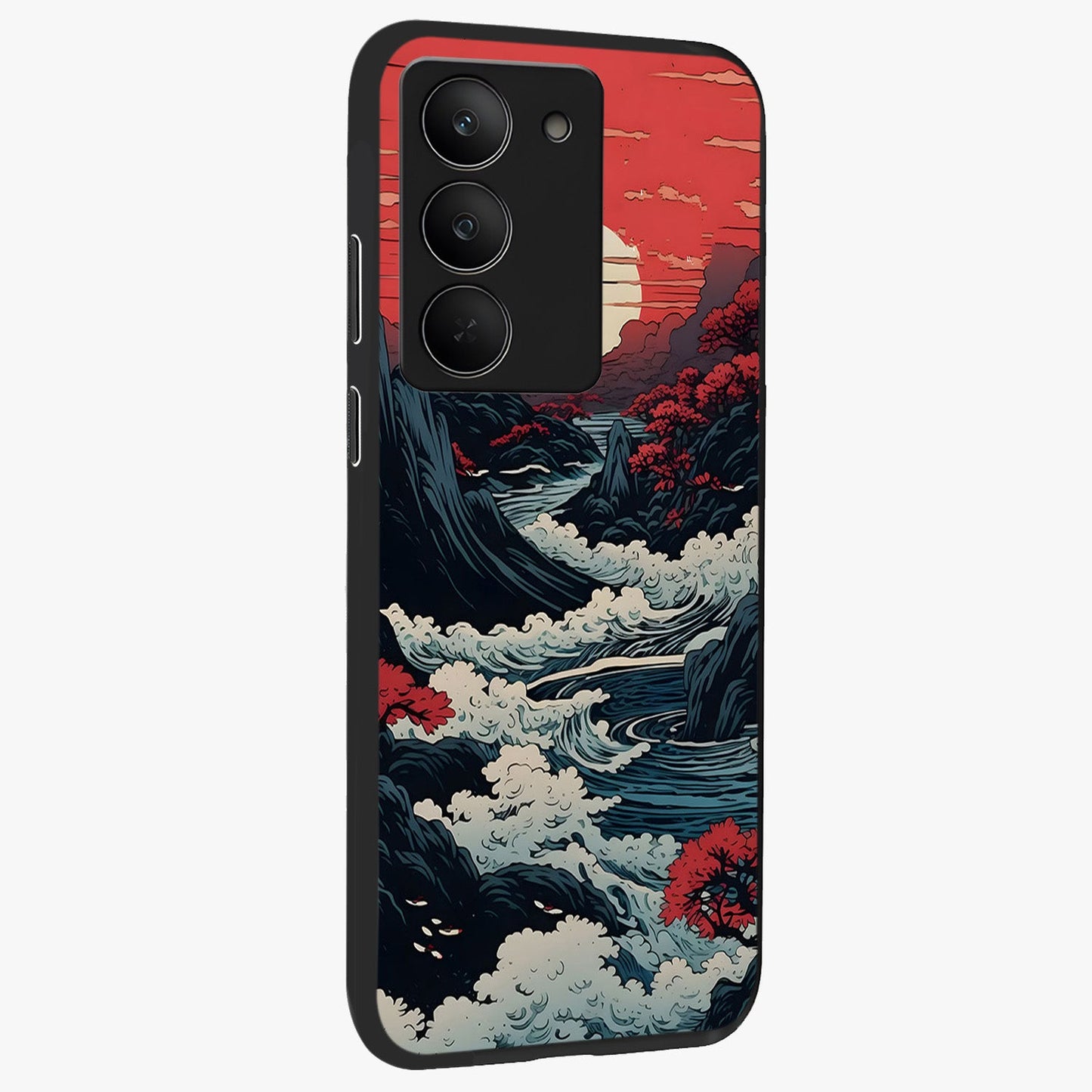 Red Sunset Scenery Glass Case upright view showcasing dramatic sunset scenery artwork with warm nature theme.