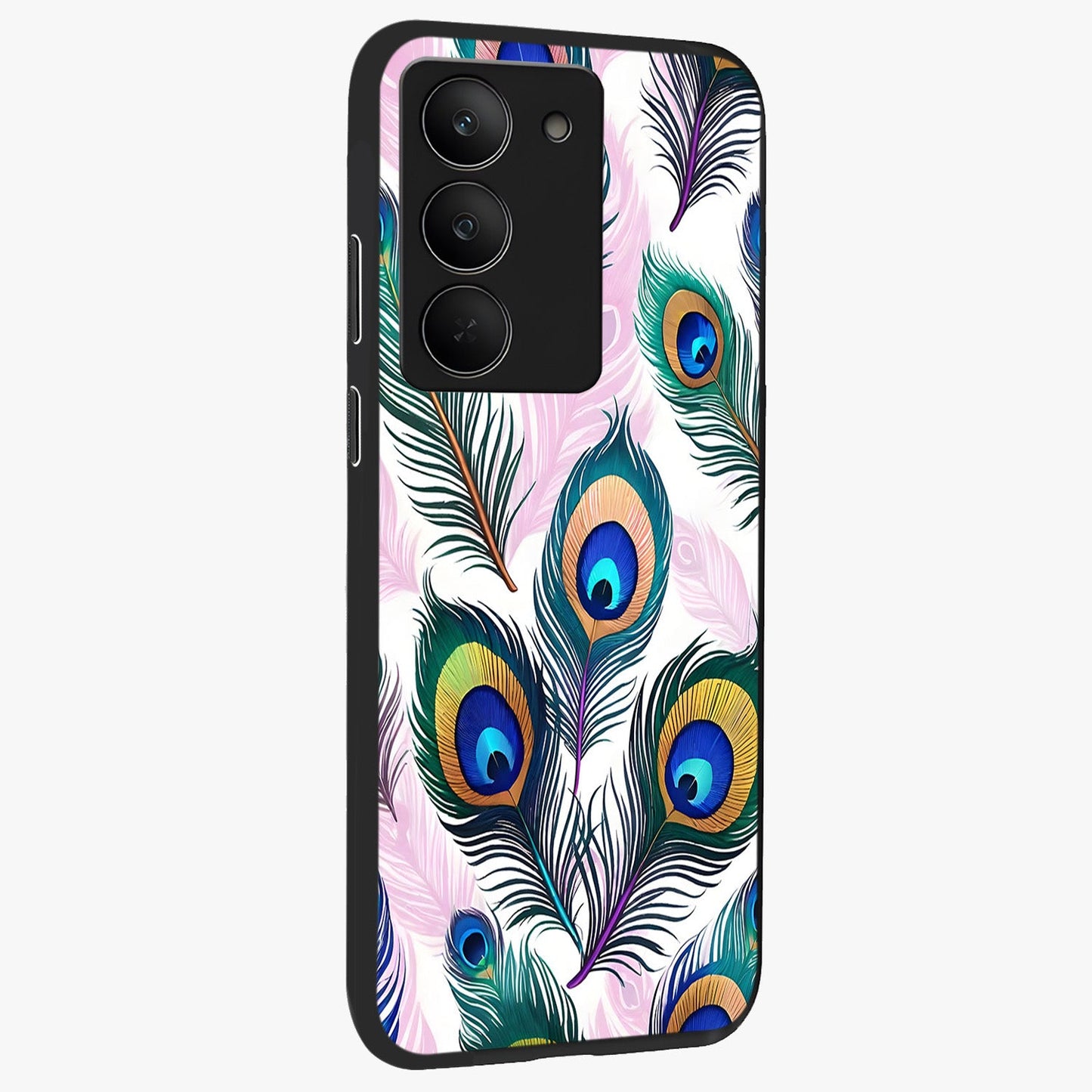 Royal Peacock Feathers Glass Case upright view showcasing elegant peacock feather artwork with decorative royal theme.