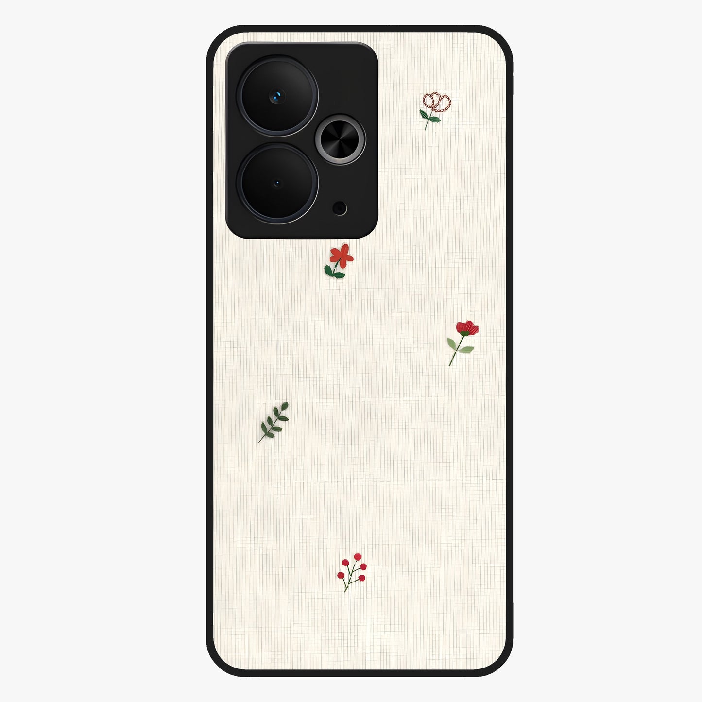 Minimal Petal Whispers Glass Case showing flat back view with soft minimal floral artwork and glossy glass finish.