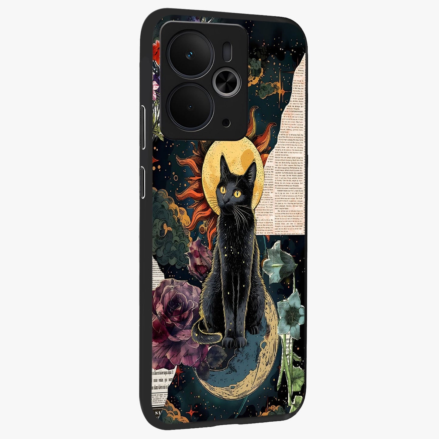 Celestial Black Cat Glass Case upright view showcasing magical black cat illustration with starry cosmic theme.