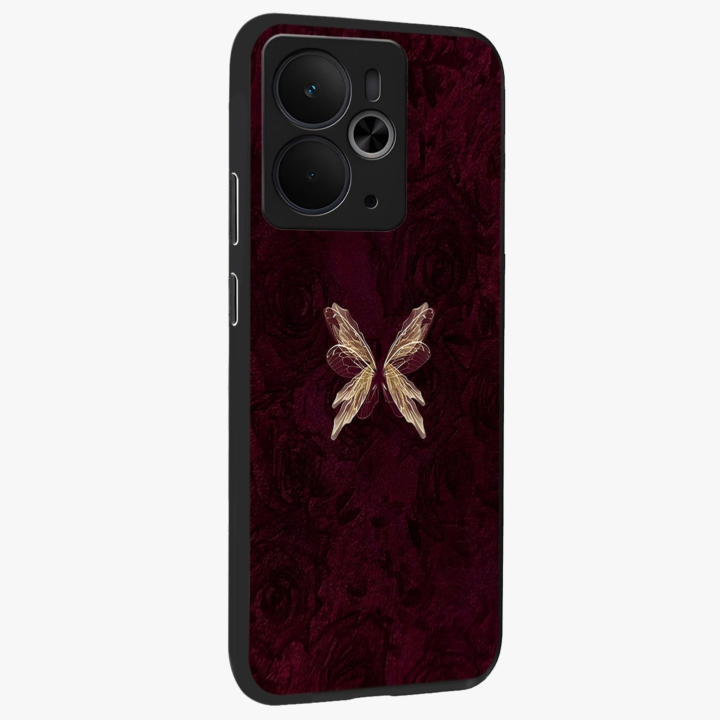 Crimson Fade Butterfly Glass Case upright view showcasing graceful butterfly artwork with soft crimson fade effect.