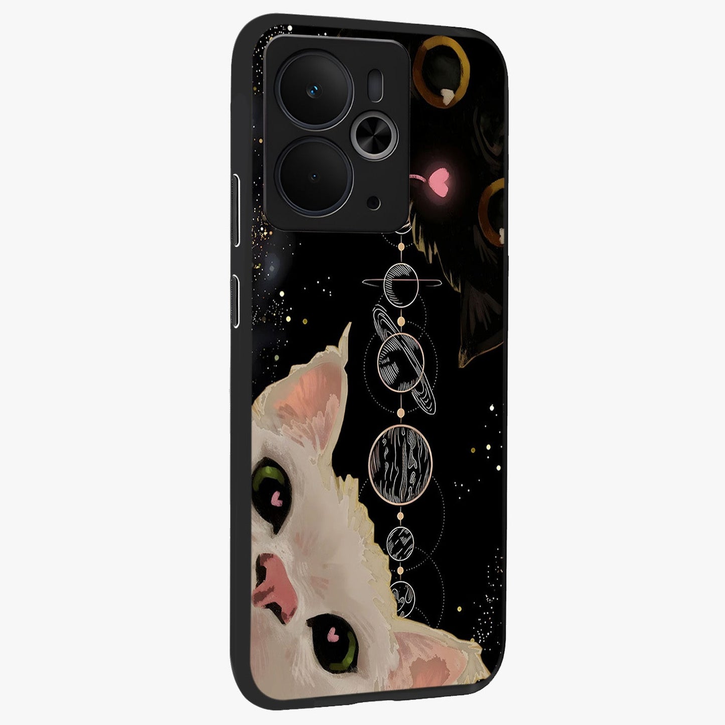 Galactic Cat Glass Case upright view showcasing mystical cat artwork with dreamy cosmic theme.