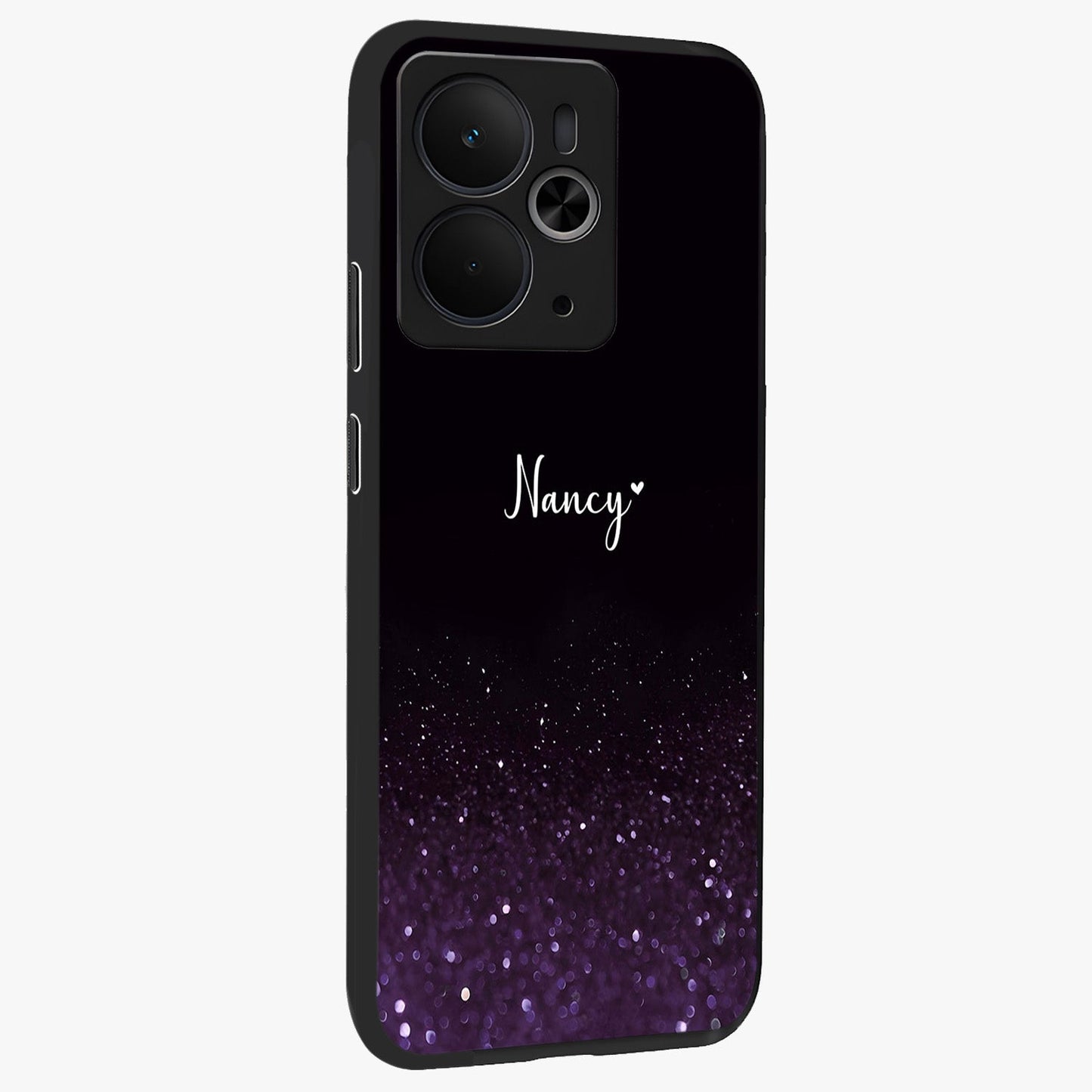 Glittery Purple Bokeh Custom Name Glass Case upright view showcasing vibrant purple sparkle artwork with personalized aesthetic style.