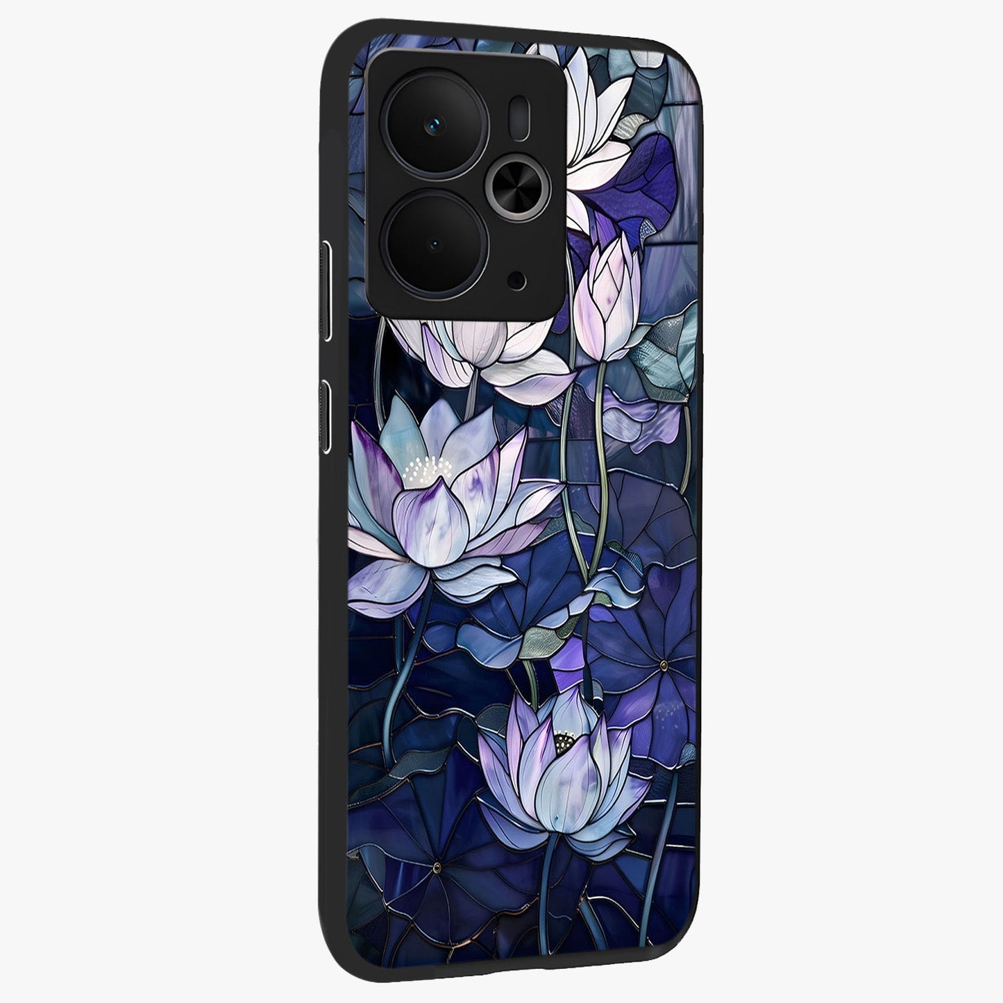 Gloss Petal Rush Glass Case upright view showcasing dynamic floral petal artwork with modern botanical theme.