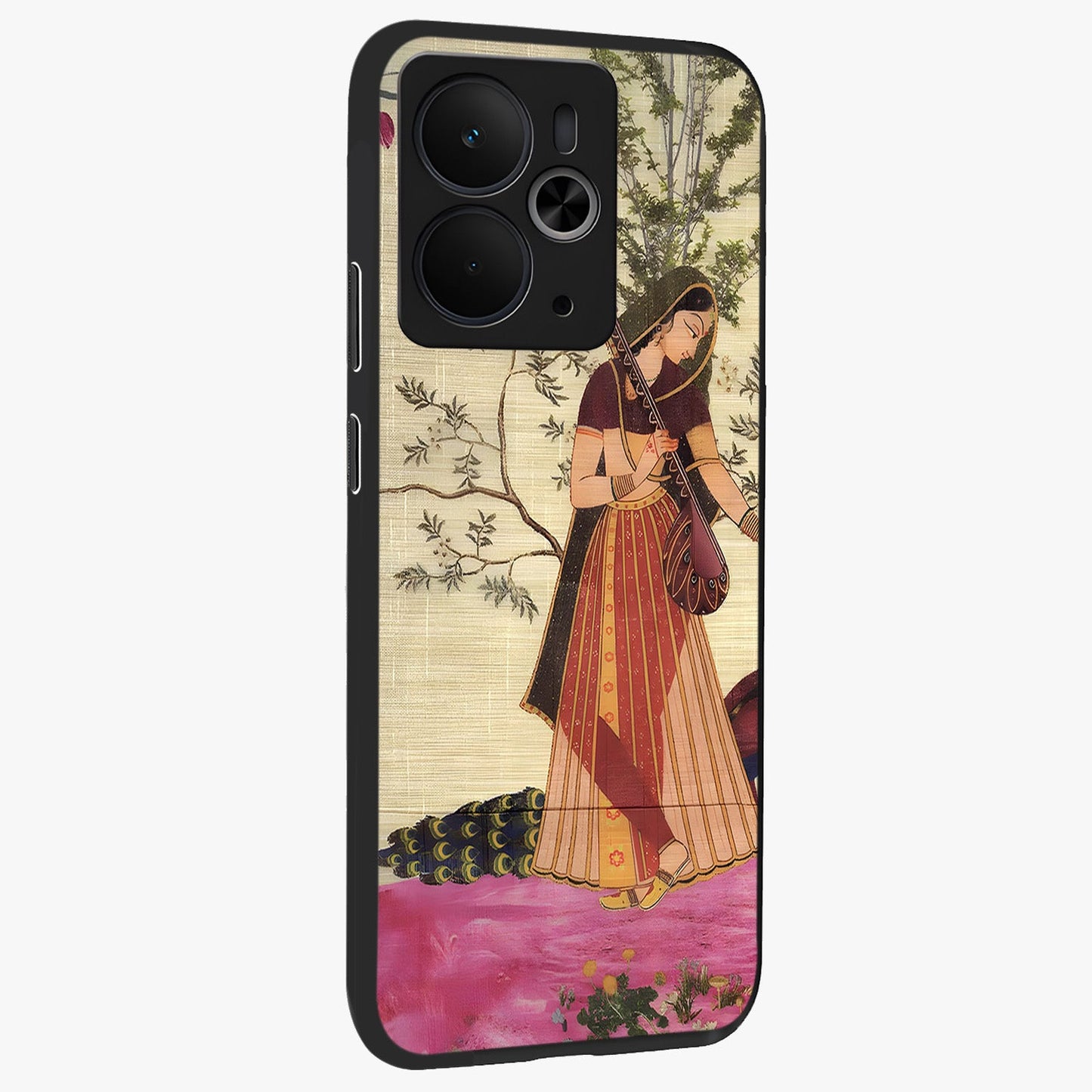 Lady With Veena Art Glass Case upright view showcasing classical veena artwork with traditional artistic theme.