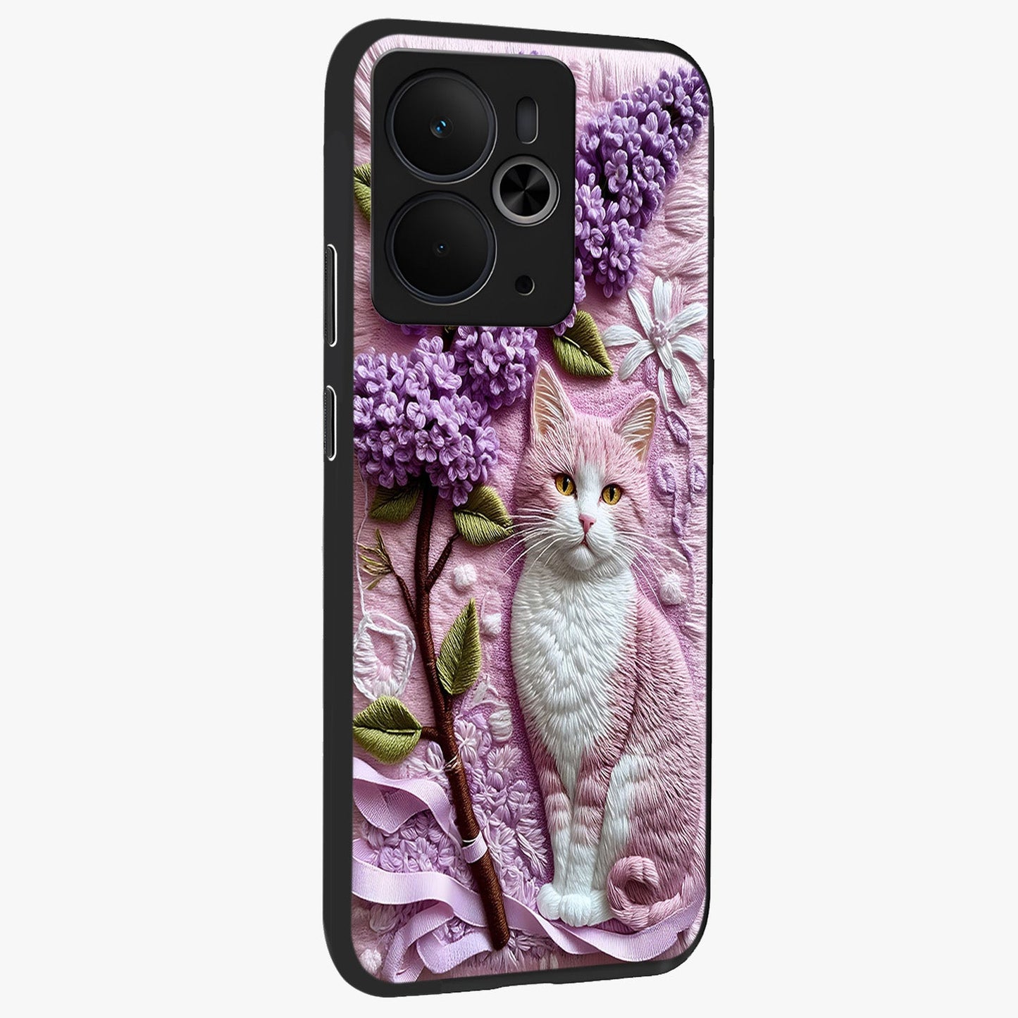 Lavender Cat Whimsy Glass Case upright view showcasing charming cat artwork with whimsical lavender theme.