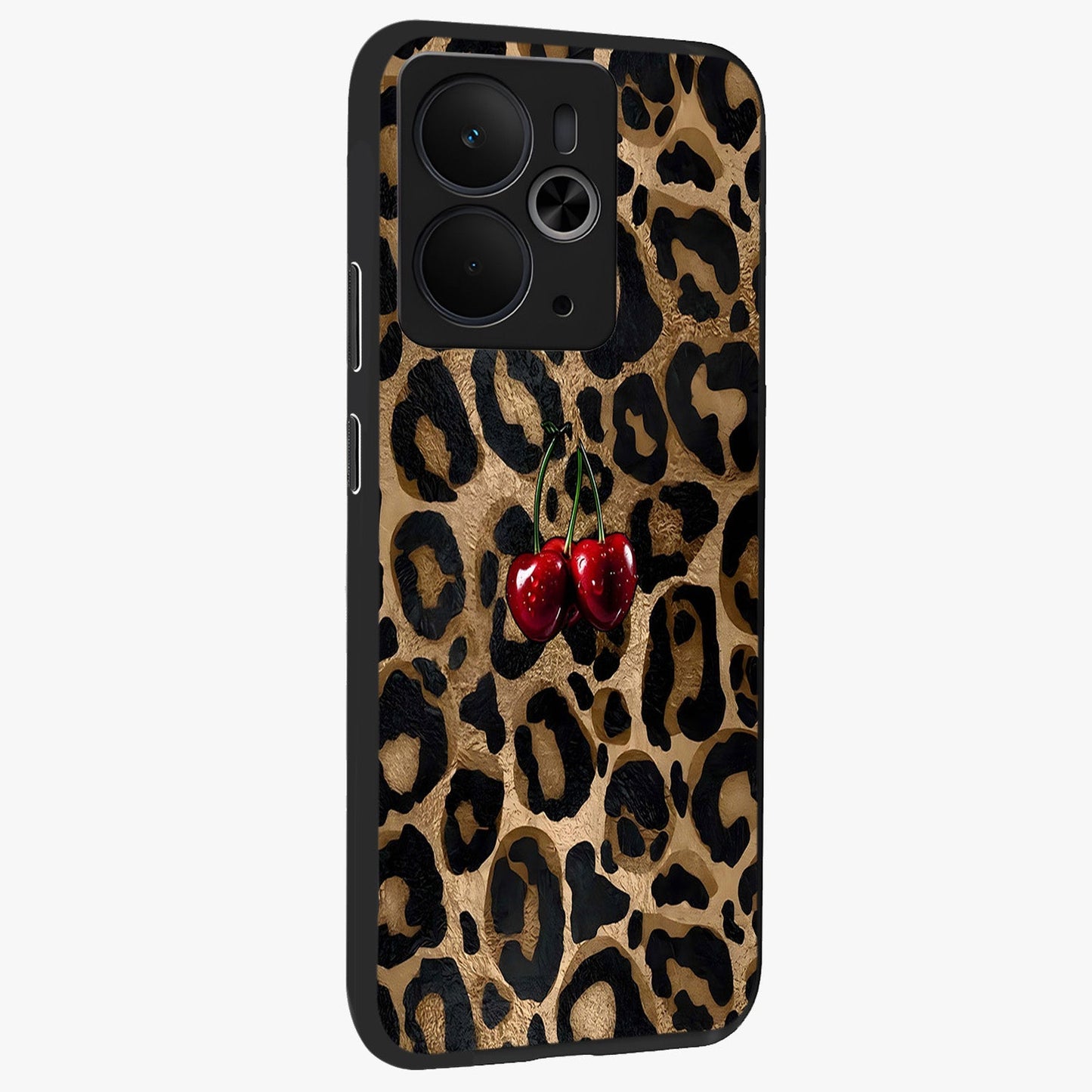 Leopard Wild Cherry Glass Case upright view showcasing stylish leopard pattern artwork with trendy fashion theme.