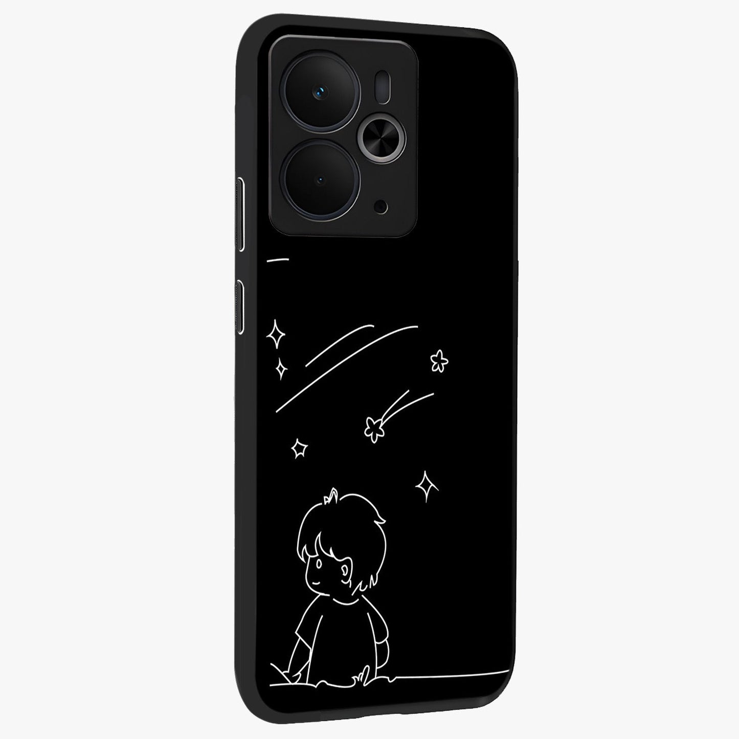 Line Art Boy With Shooting Stars Glass Case upright view showcasing artistic shooting star illustration with minimal style.