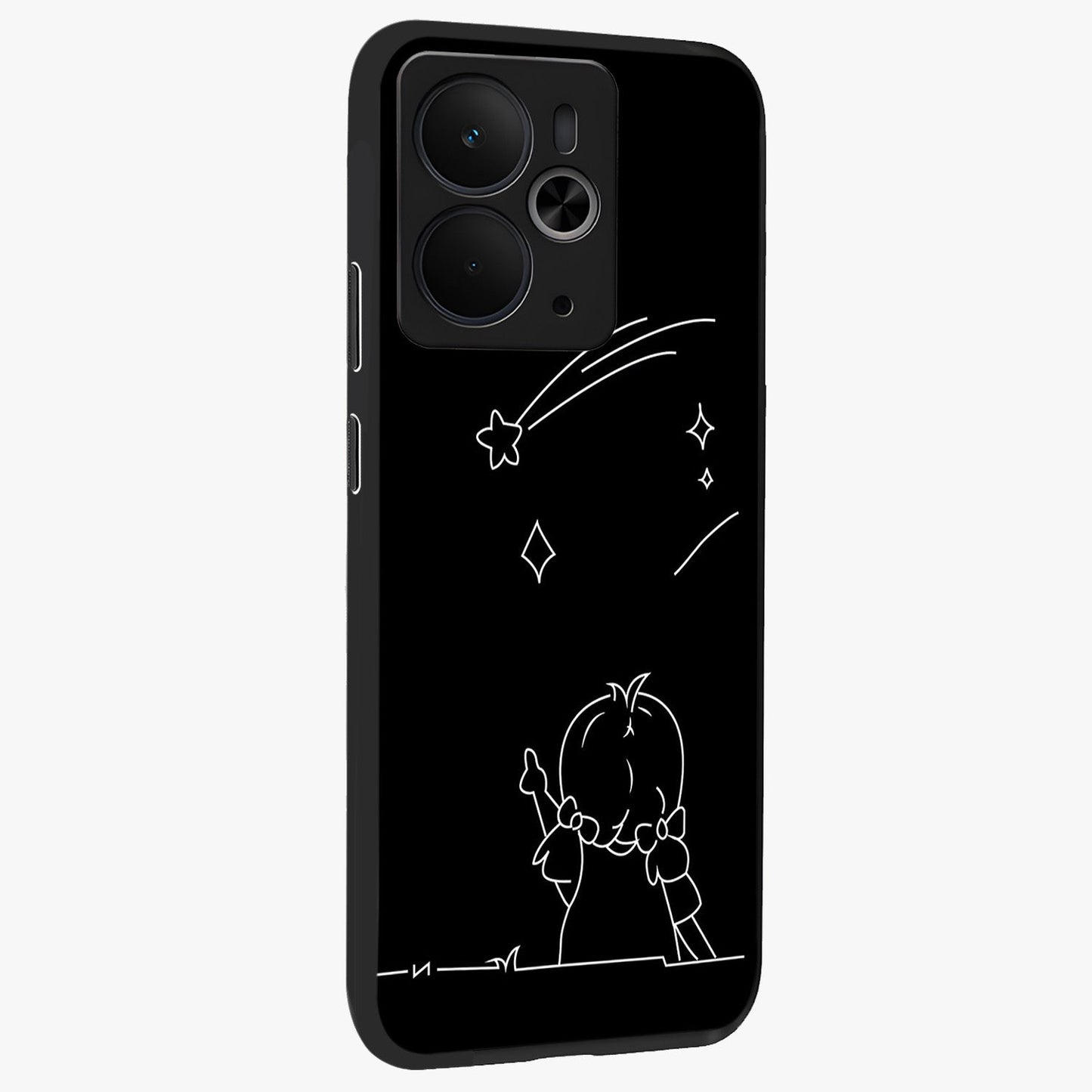 Line Art Girl With Shooting Stars Glass Case upright view showcasing delicate shooting stars artwork with minimal artistic theme.