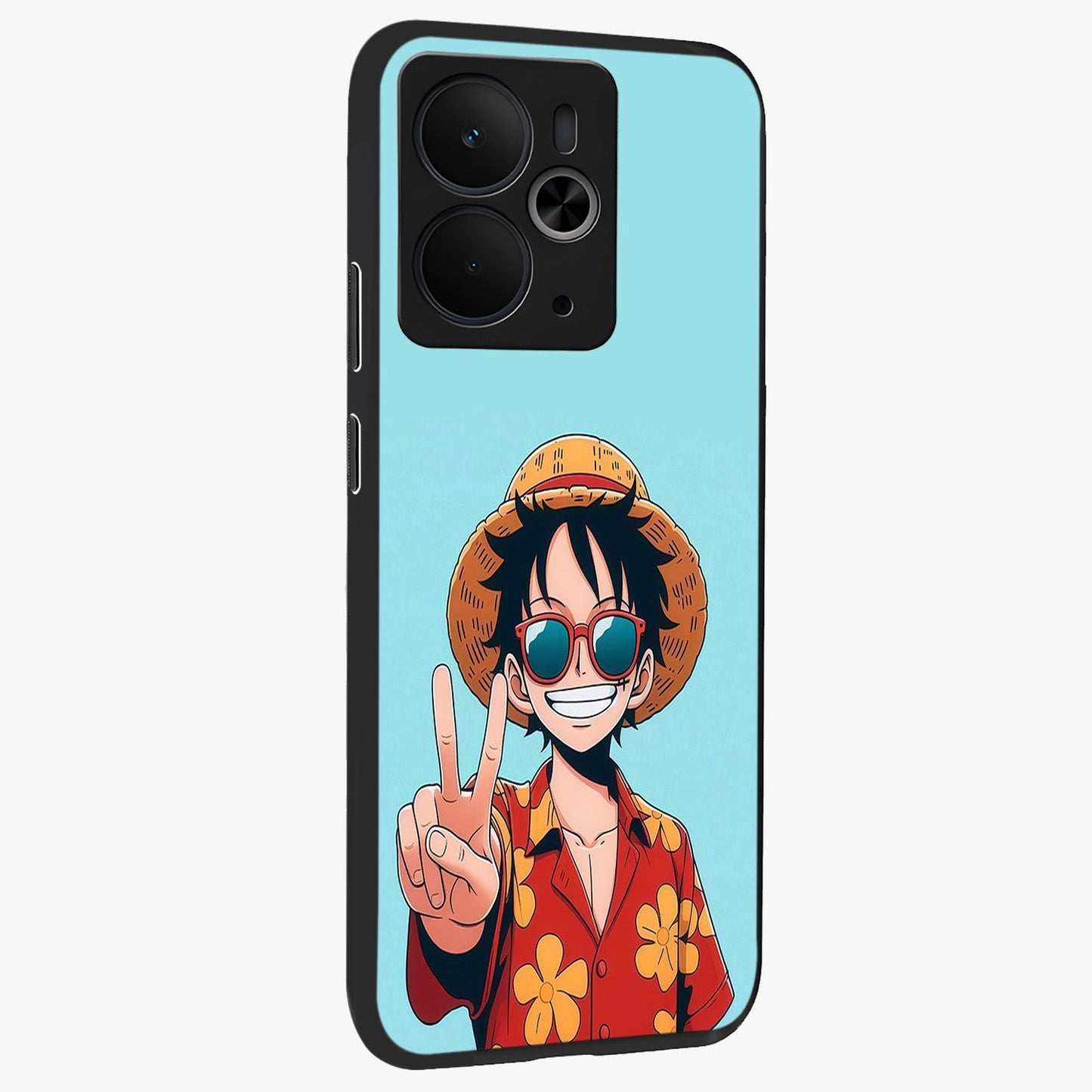 Luffy Summer Anime Vibe Glass Case upright view showcasing dynamic anime artwork with bright adventurous theme.