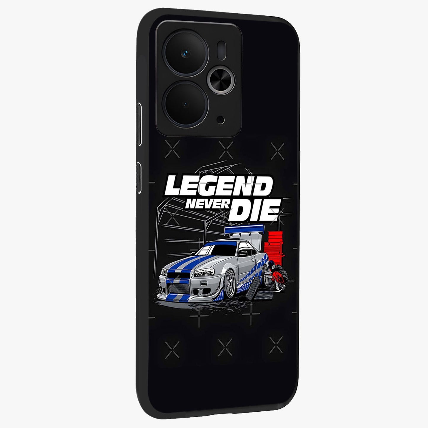 Midnight Racing Legacy Glass Case upright view showcasing powerful racing artwork with modern sports theme.