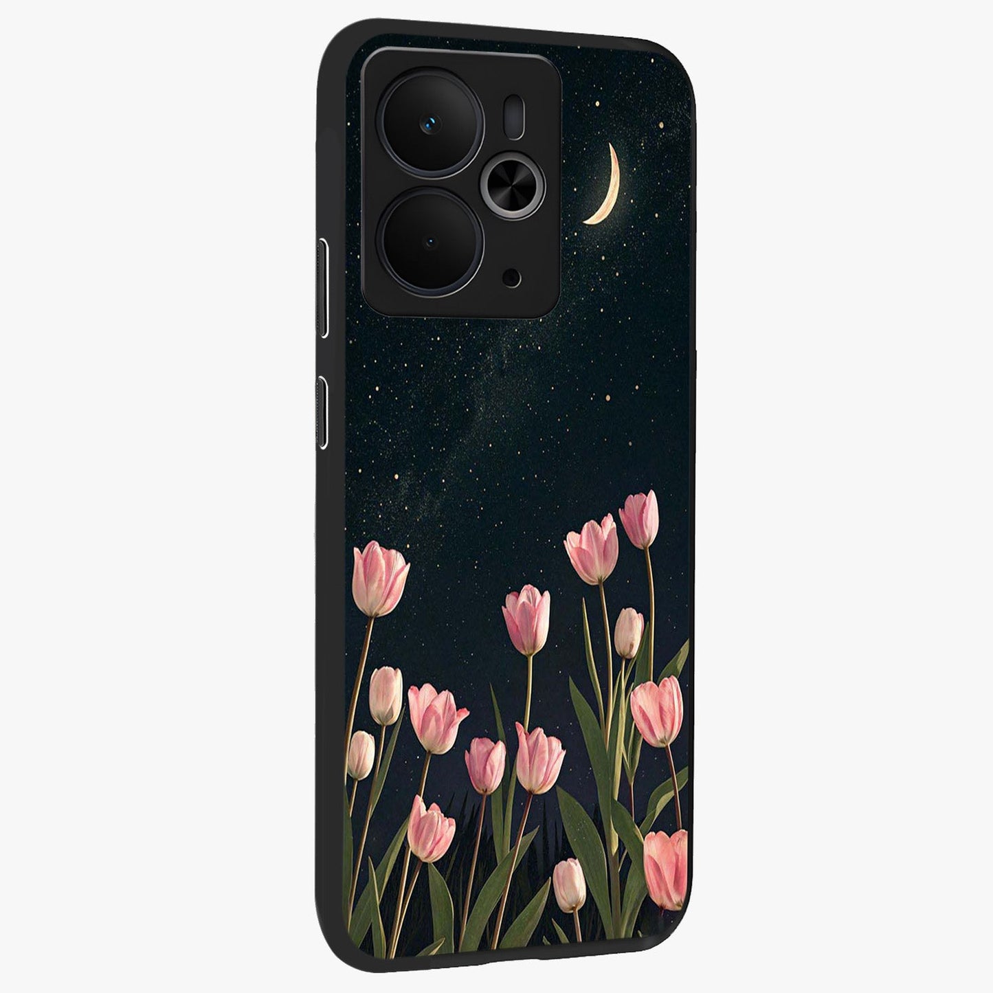 Midnight Tulip Whispers Vibe Glass Case upright view showcasing graceful tulip artwork with calm botanical theme.