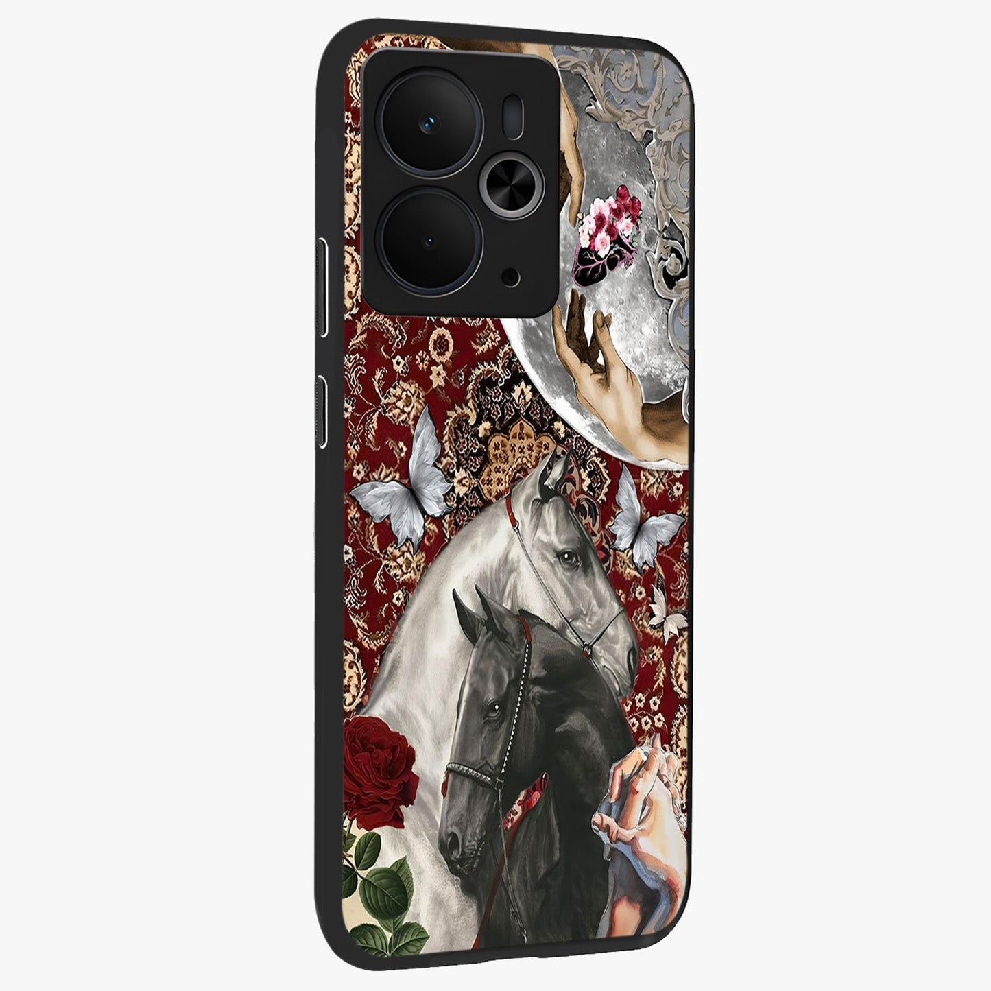 Moonlit Royal Stallion Glass Case upright view showcasing dramatic horse artwork with glowing moon themed design.