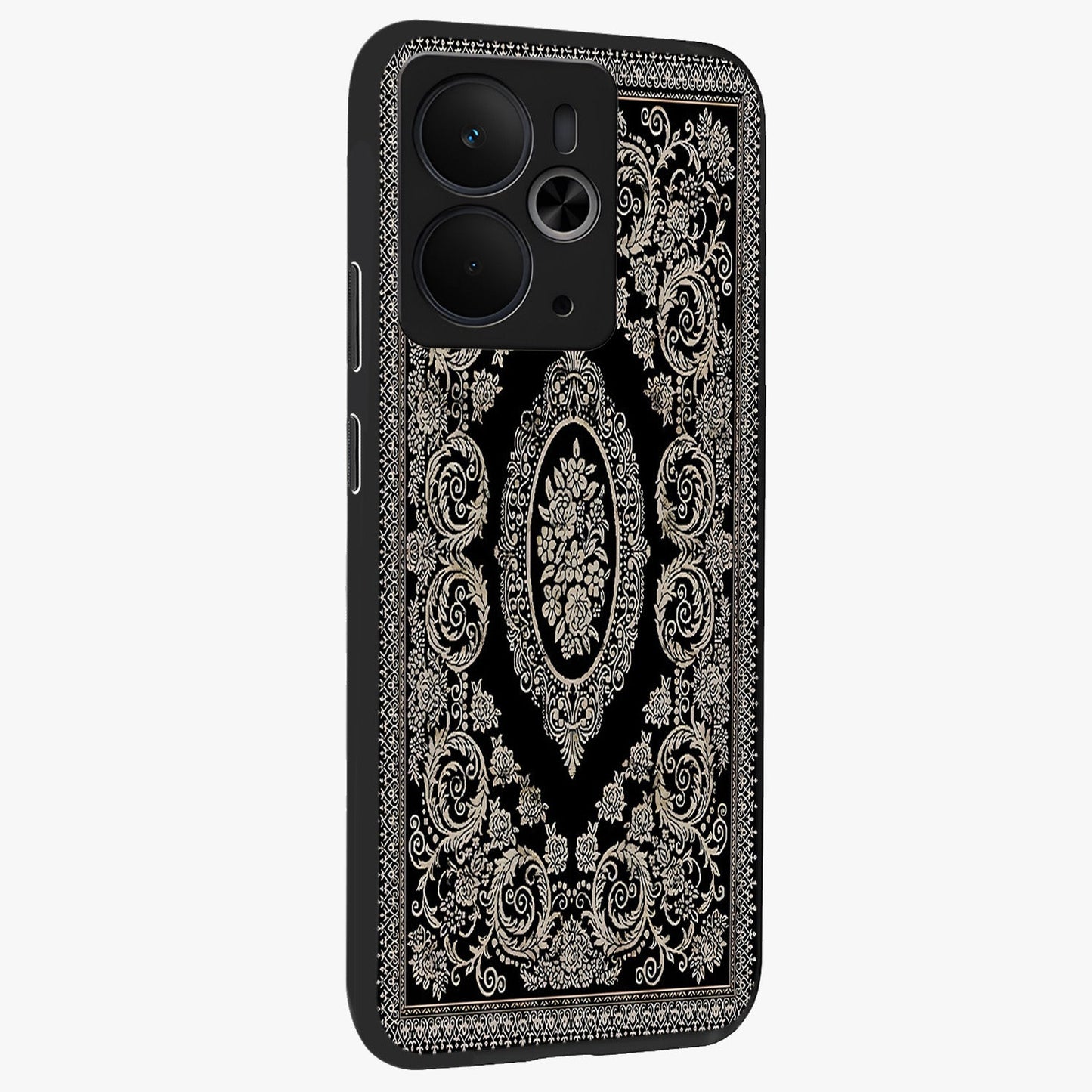 Noir Bloom Elegance Glass Case upright view showcasing graceful floral artwork with luxurious dark theme.