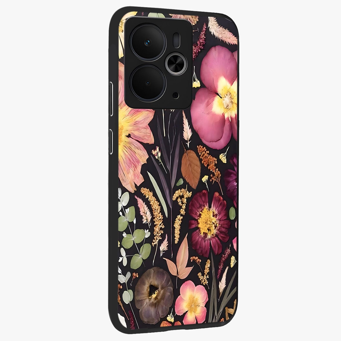 Petal Dream Tapestry Glass Case upright view showcasing detailed floral tapestry artwork with artistic nature theme.