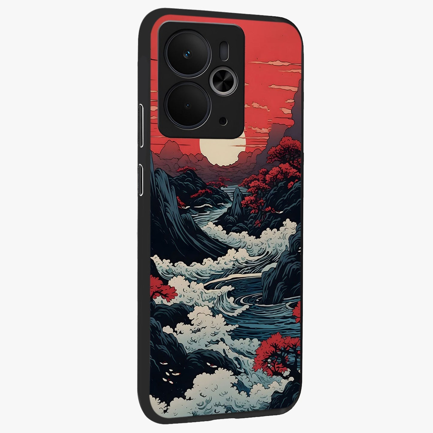 Red Sunset Scenery Glass Case upright view showcasing dramatic sunset scenery artwork with warm nature theme.