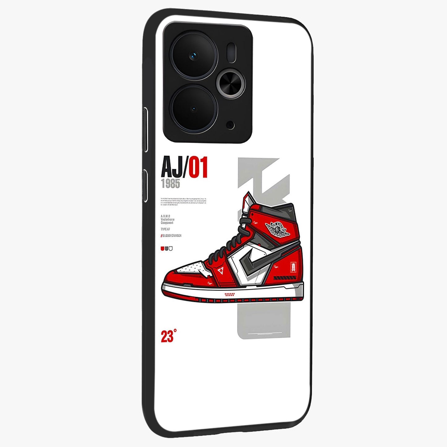 Retro Sneaker Blueprint Glass Case upright view showcasing stylish sneaker illustration with vintage streetwear theme.