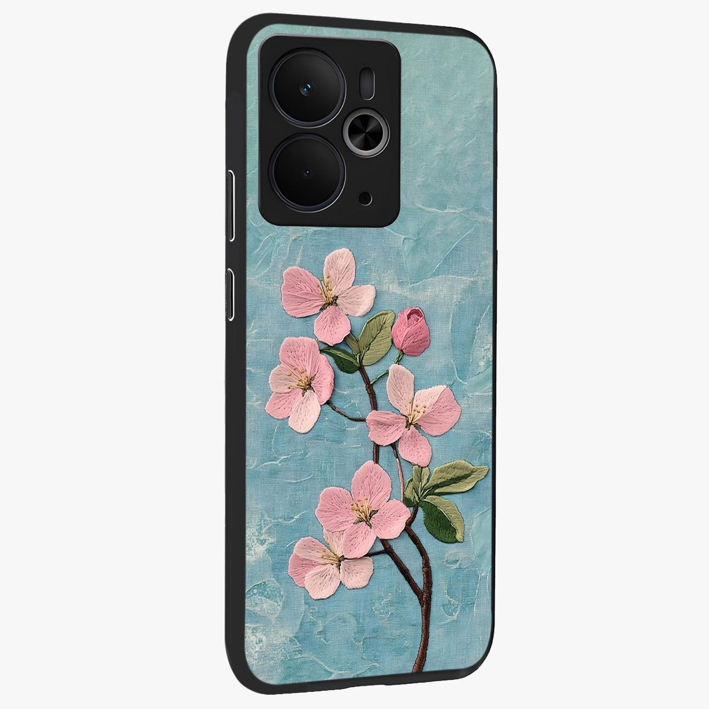 Threaded Blossom Breeze Glass Case upright view showcasing graceful flower artwork with calm botanical theme.