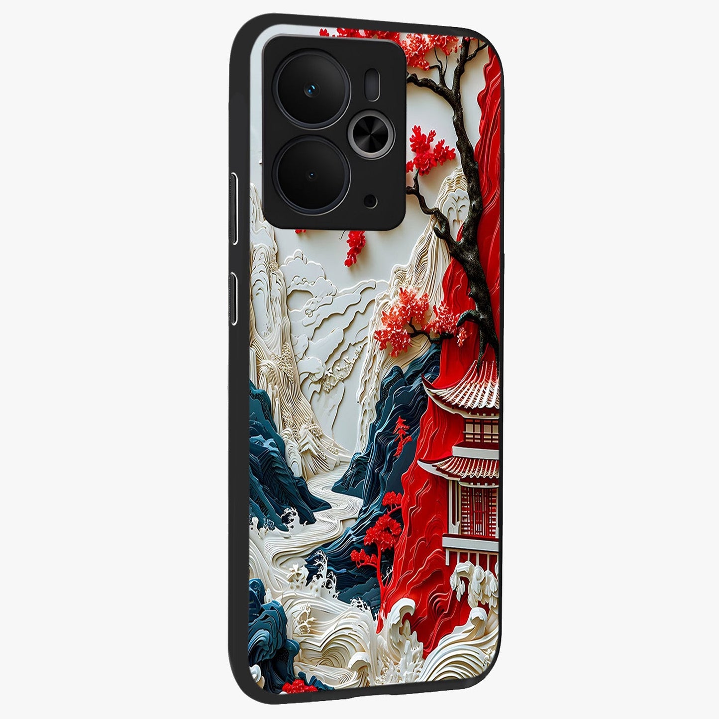 Whispers Of Sakura Waves Glass Case upright view showcasing delicate cherry blossom artwork with elegant nature theme.