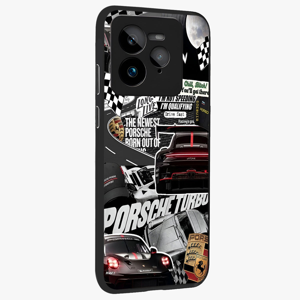 Porsche Racing Collage Glass Case upright view showcasing energetic car collage artwork with high speed racing theme.