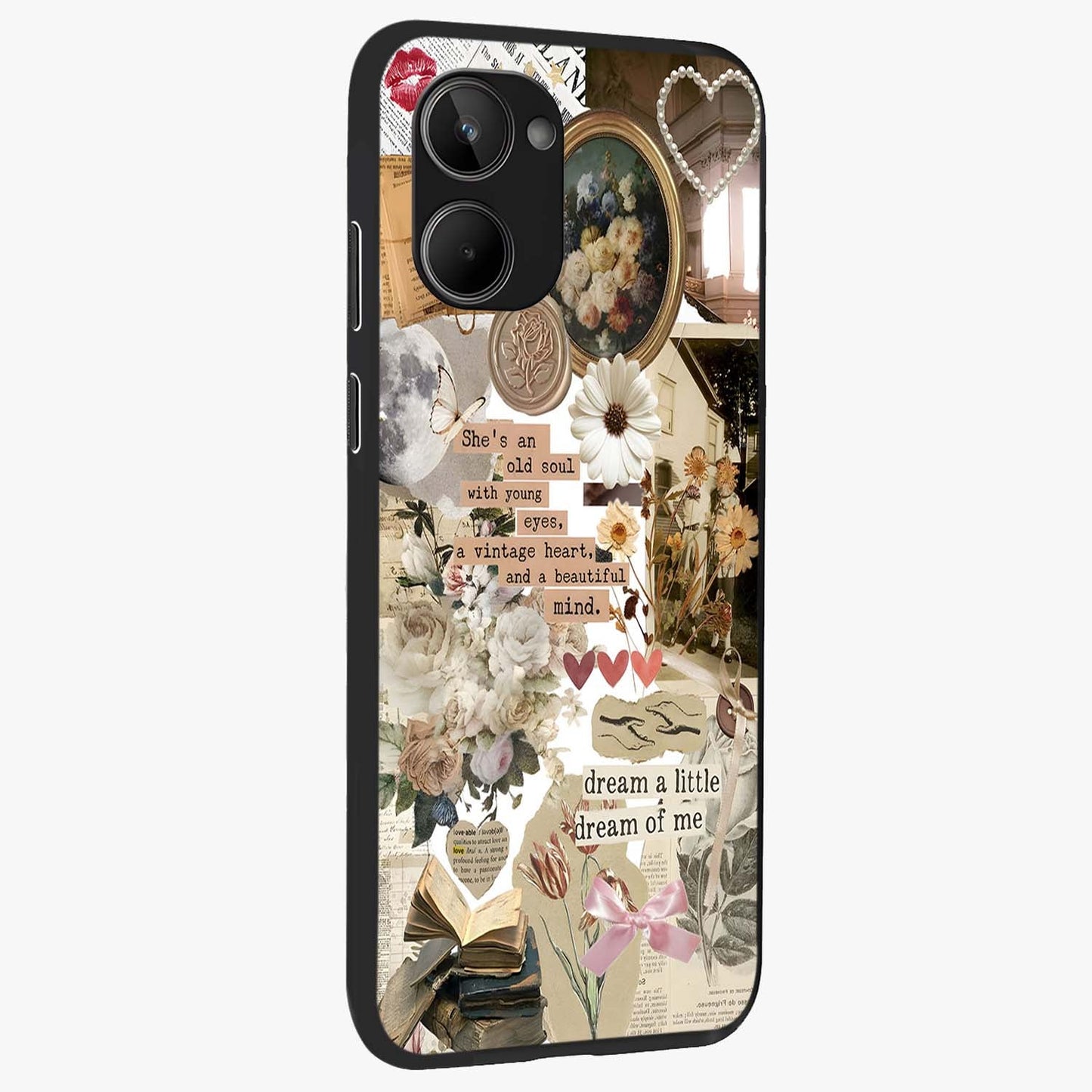 Aesthetic Brown Vintage Collage Glass Case upright view showcasing nostalgic retro artwork with stylish vintage theme.