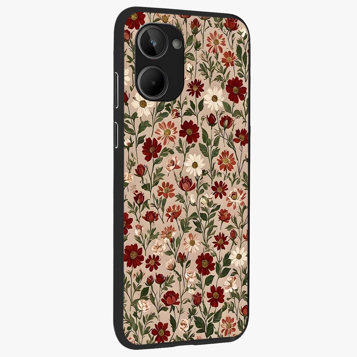 Biege Flower With Leaf Glass Case upright view showcasing delicate beige flower illustration with clean botanical style.