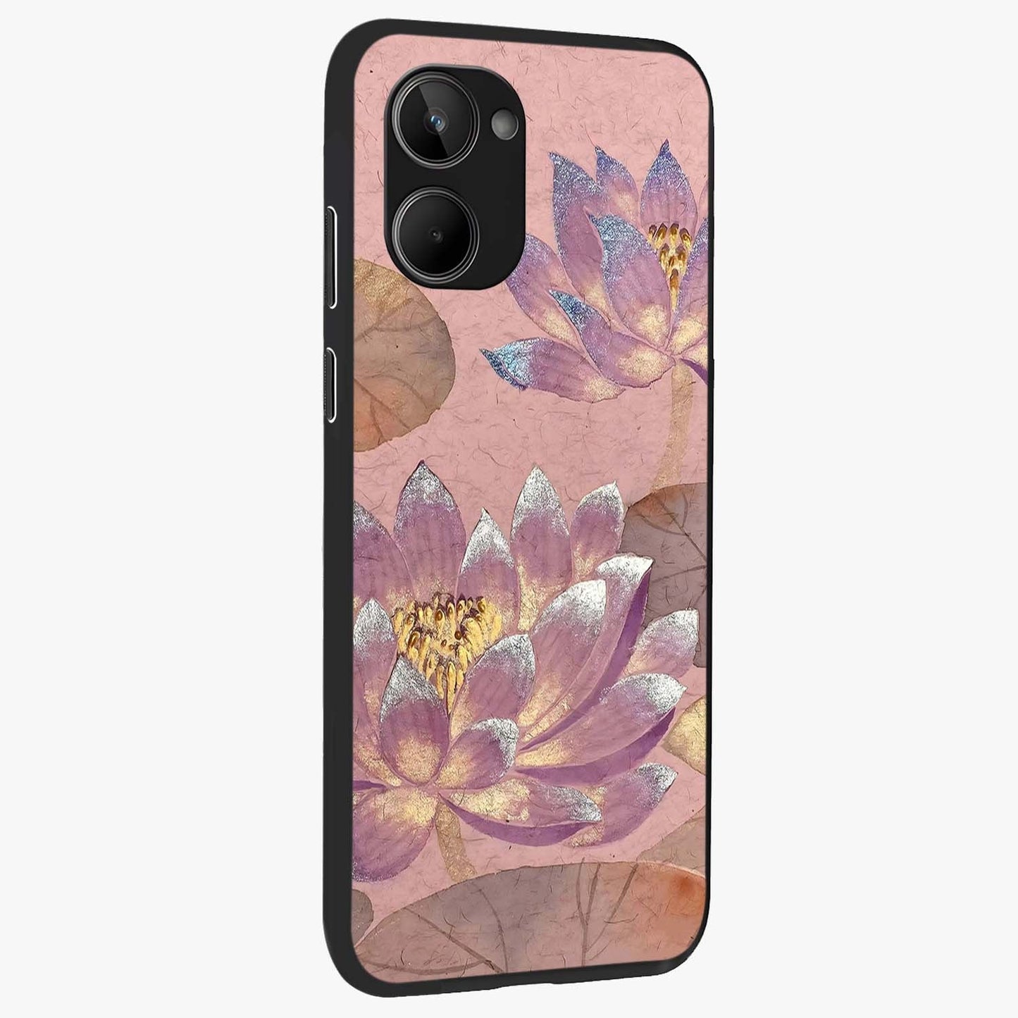 Blossom Mist Lotus Glass Case upright view showcasing graceful lotus flower design with peaceful botanical style.