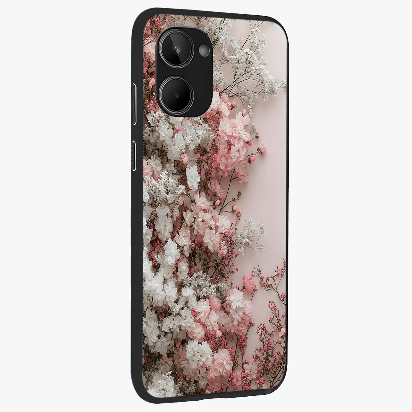 Blush Blossom Cloud Glass Case upright view showcasing calm floral cloud artwork with gentle dreamy theme.