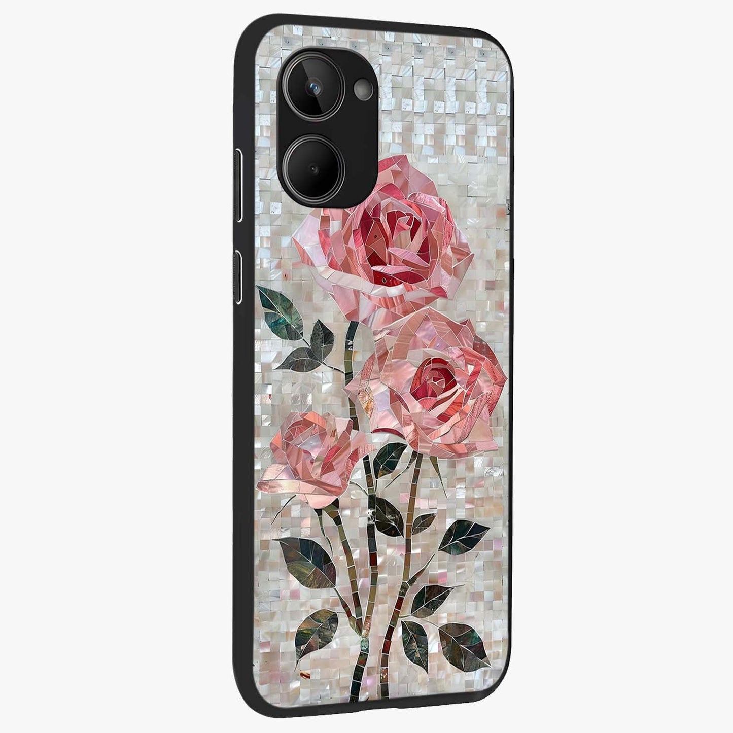 Blush Mosaic Bloom Glass Case upright view showcasing decorative floral mosaic artwork with stylish modern aesthetic.