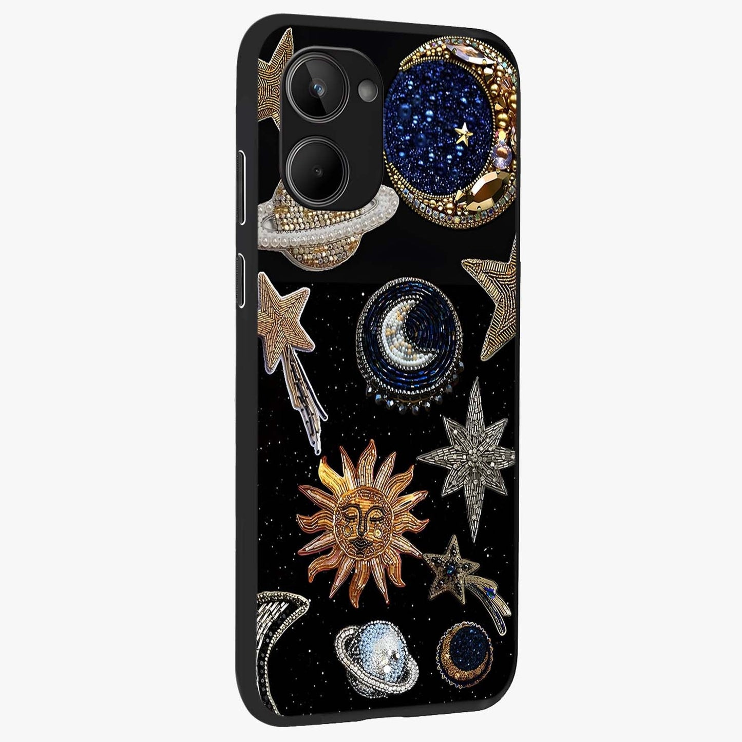 Celestial Gem Constellations Glass Case upright view showcasing cosmic constellation artwork with celestial aesthetic style.