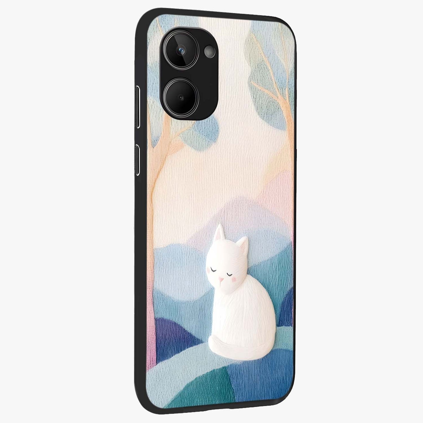 Cotton Dream Cat Glass Case upright view showcasing charming cat artwork with cozy dreamy theme.