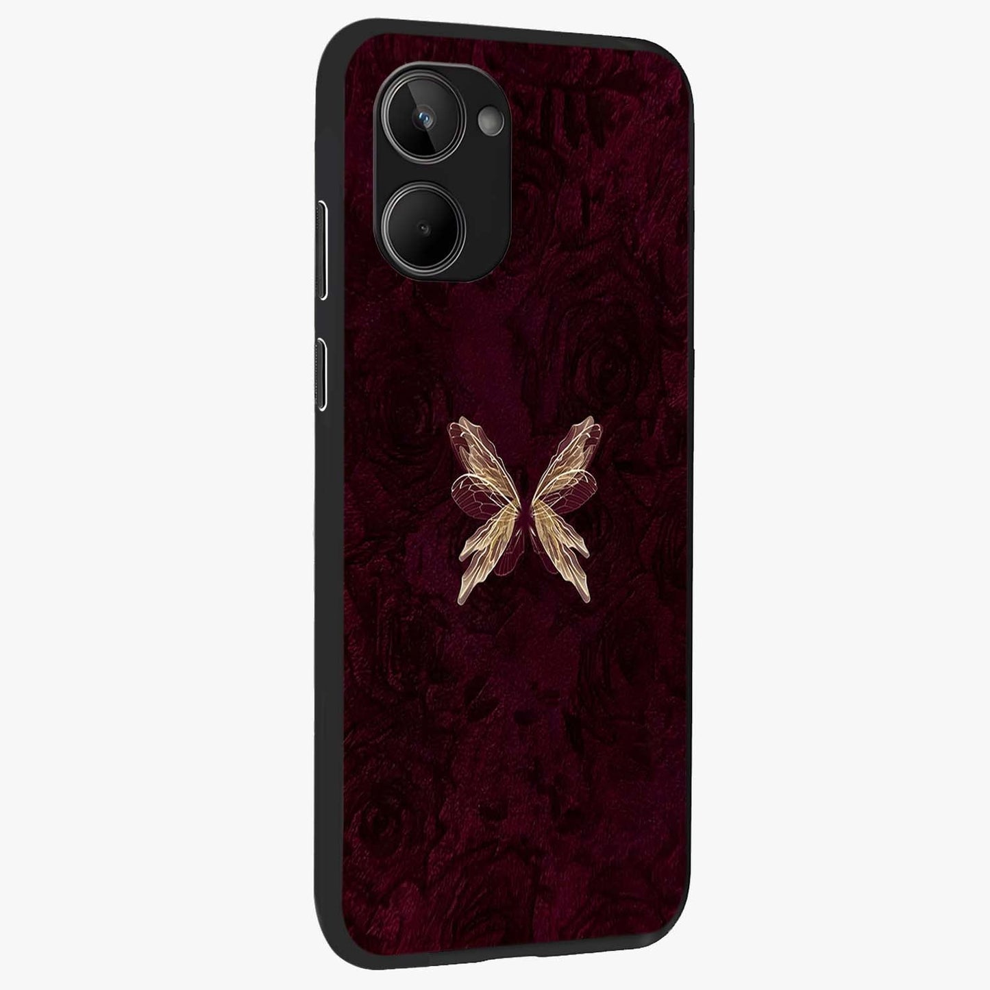 Crimson Fade Butterfly Glass Case upright view showcasing graceful butterfly artwork with soft crimson fade effect.