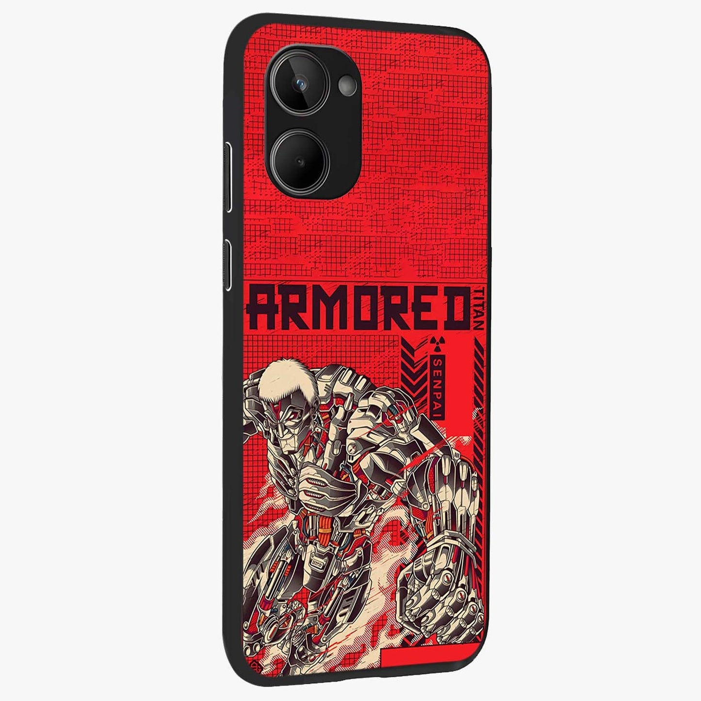 Crimson Mecha Titan Glass Case upright view showcasing dynamic robotic titan design with sci-fi inspired theme.