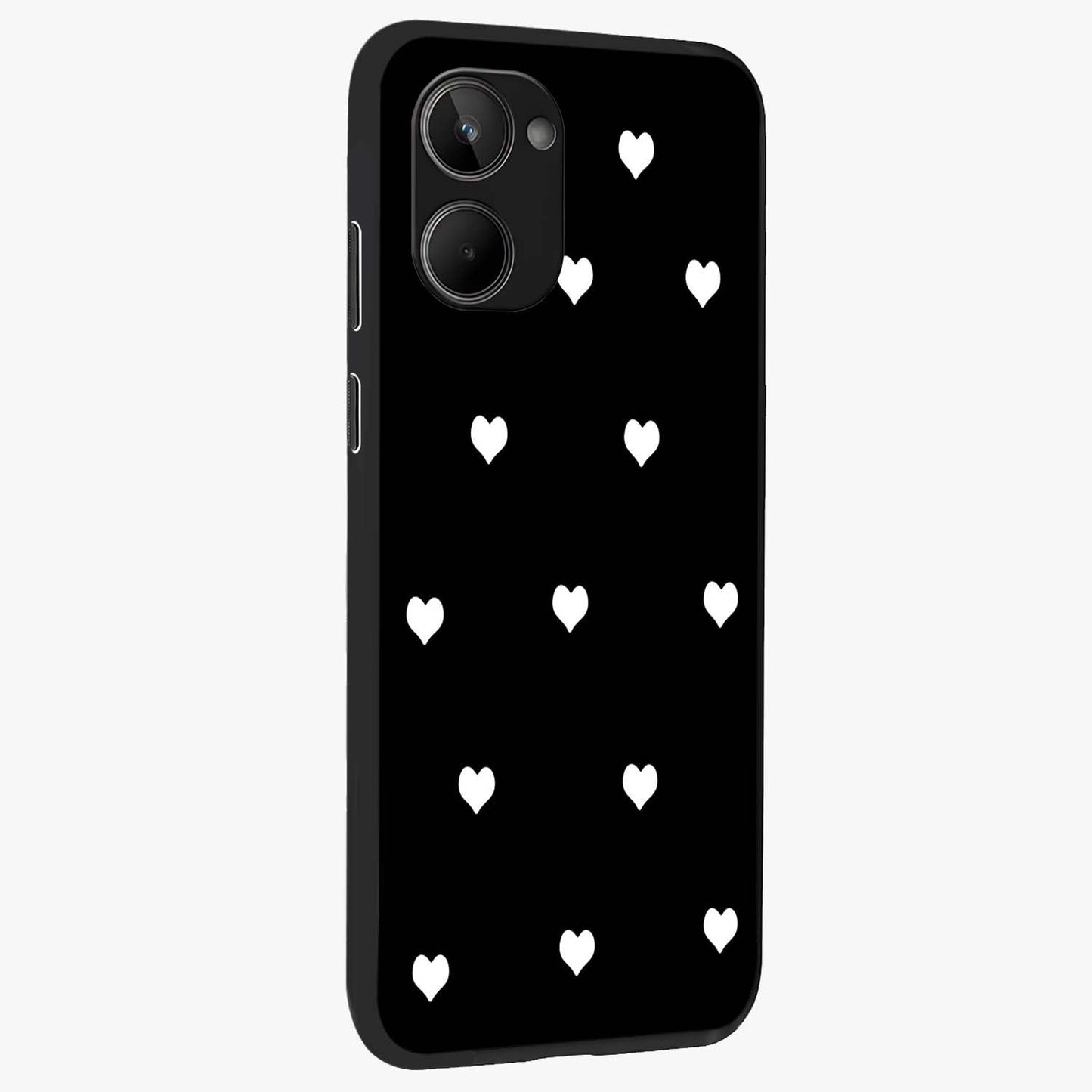 Cute And Simple White Hearts Glass Case upright view showcasing simple white hearts artwork with soft minimal theme.
