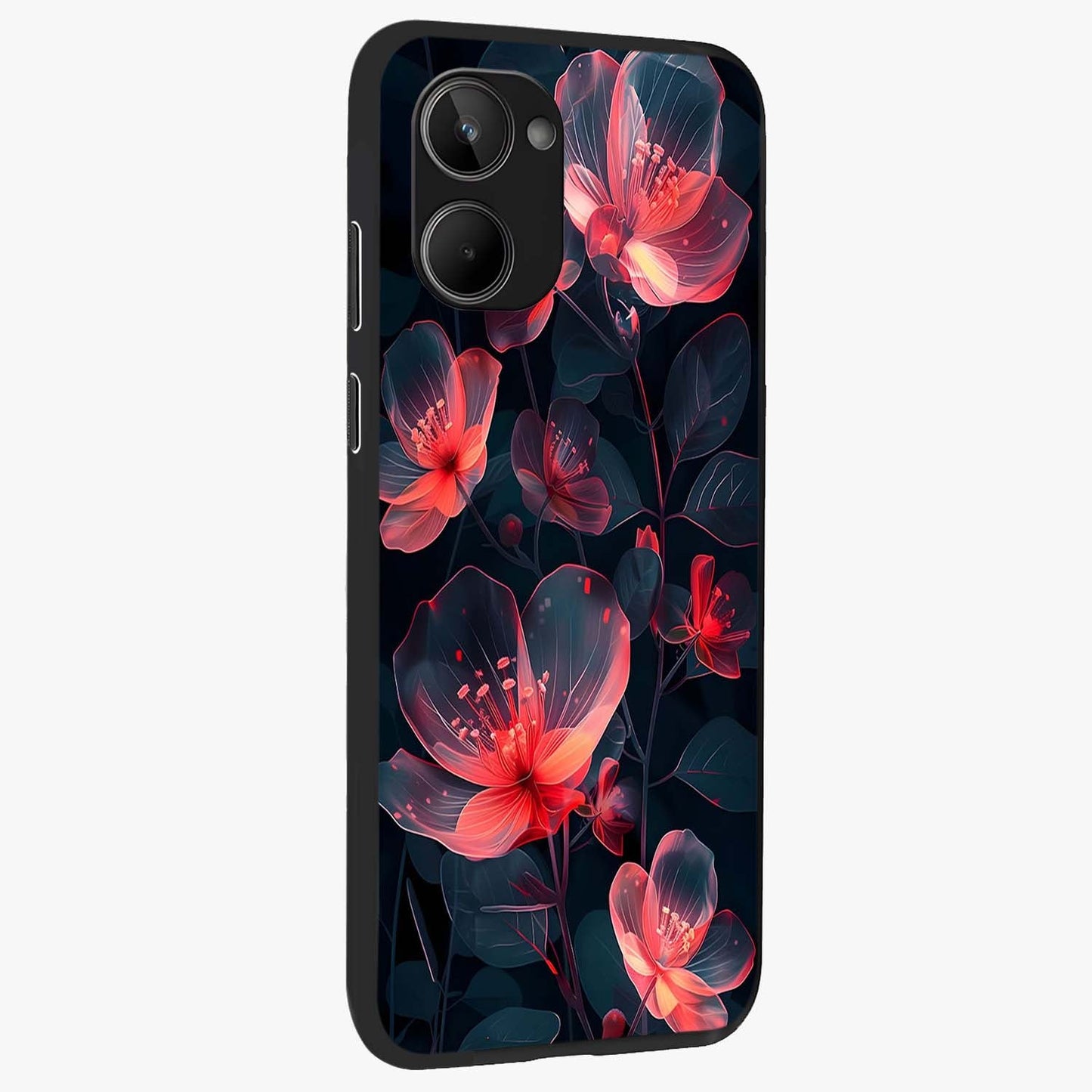 Dark Shade of Flower Glass Case upright view showcasing delicate flower artwork with rich dark floral theme.