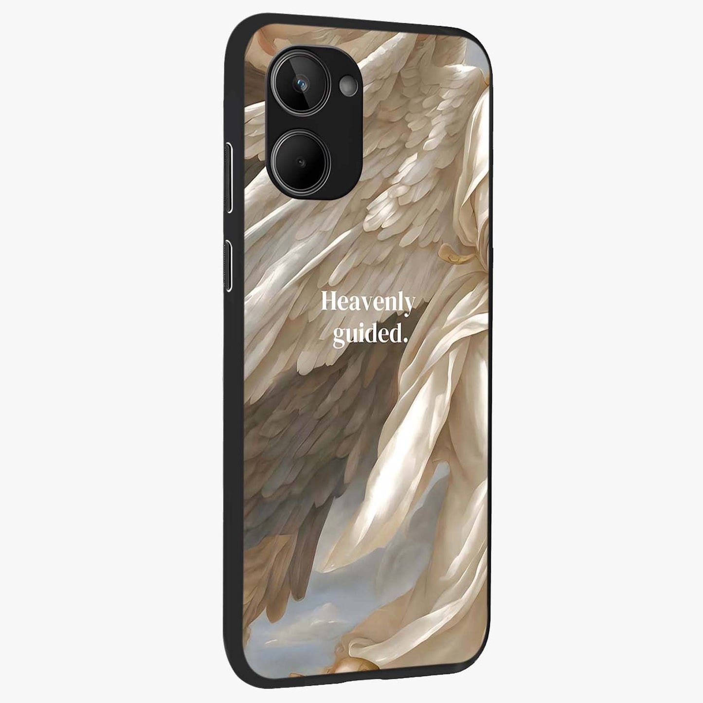 Divine Winged Grace Glass Case upright view showcasing spiritual wing artwork with soft celestial theme.