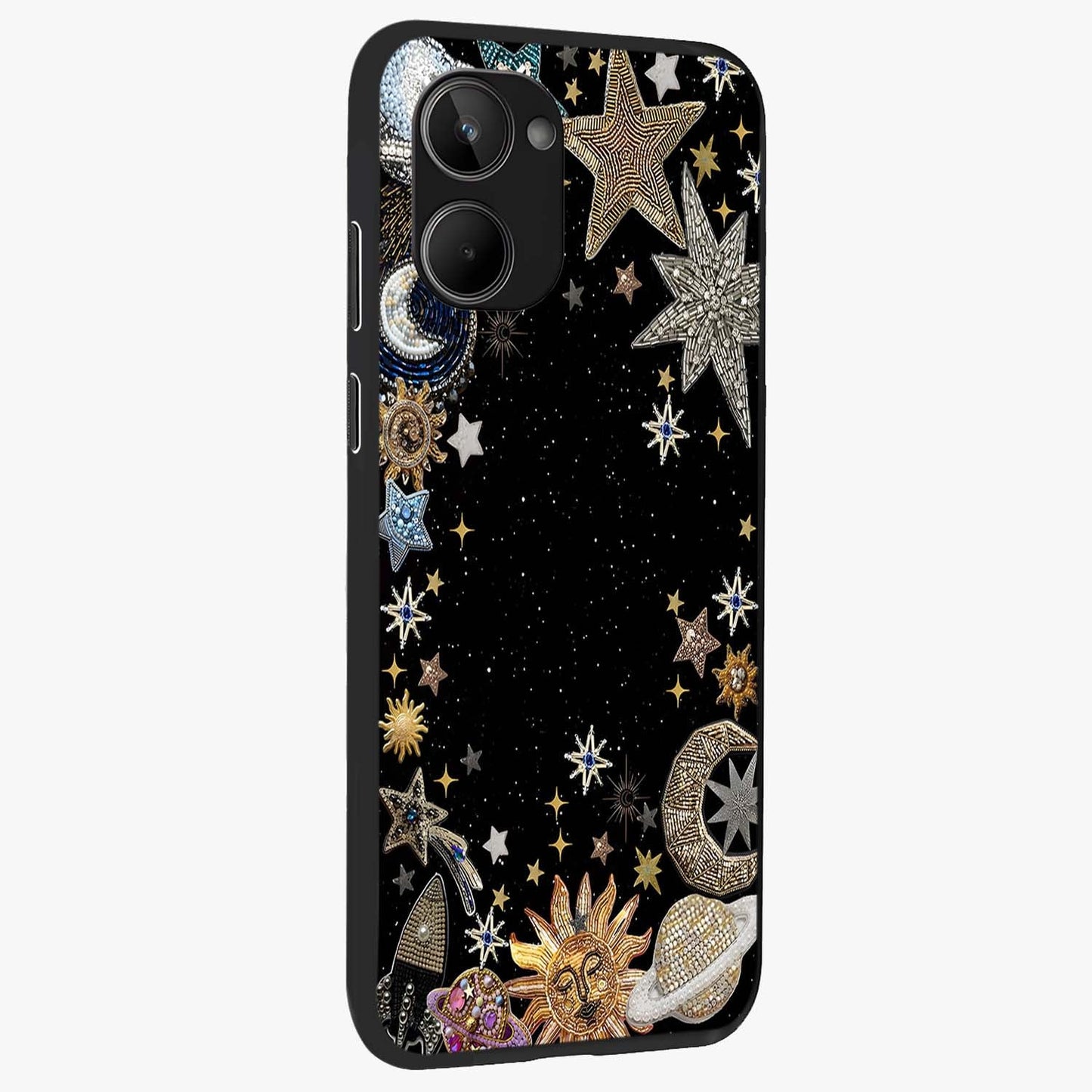Galactic Jewel Stars Glass Case upright view showcasing glittering star jewel artwork with vibrant galaxy theme.