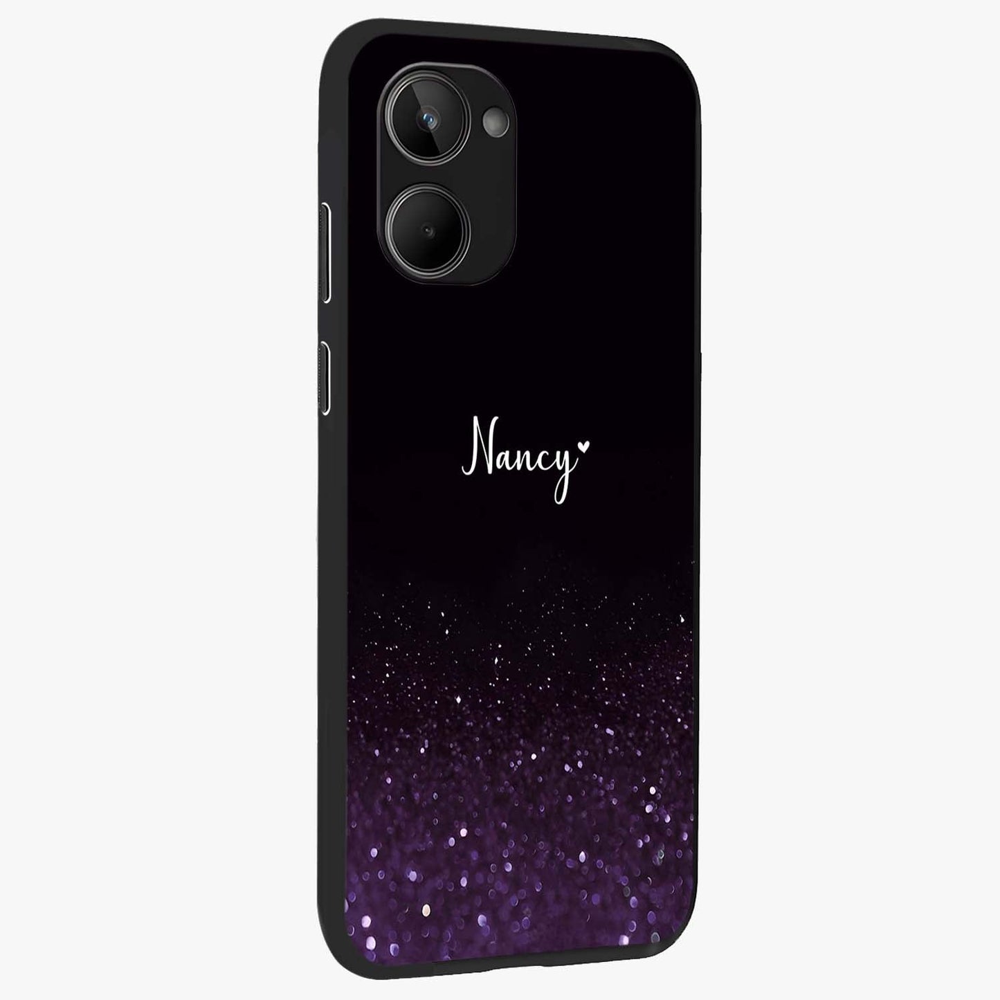 Glittery Purple Bokeh Custom Name Glass Case upright view showcasing vibrant purple sparkle artwork with personalized aesthetic style.