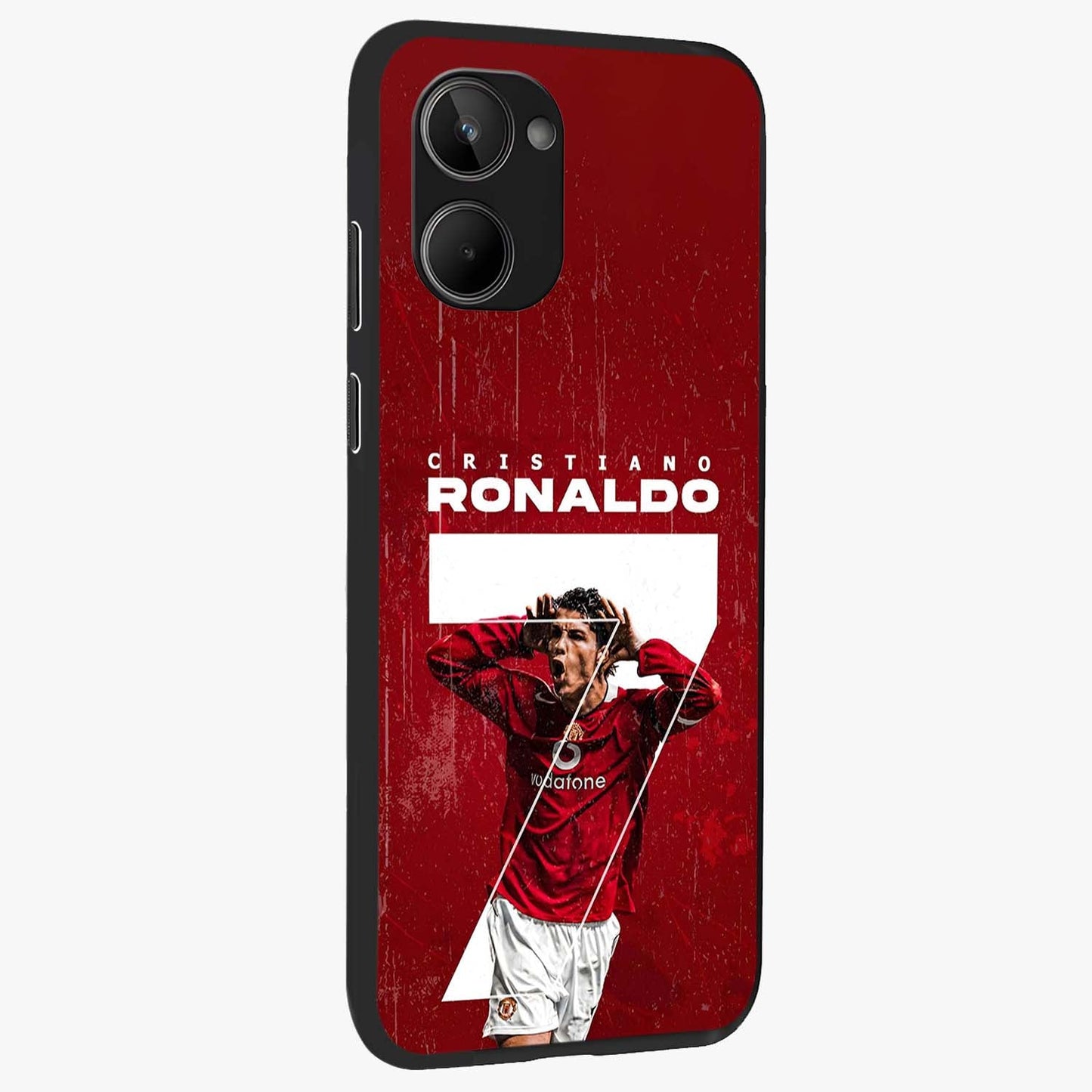 Goal Celebration Legacy Glass Case upright view showcasing dynamic football inspired artwork with victory celebration aesthetic.
